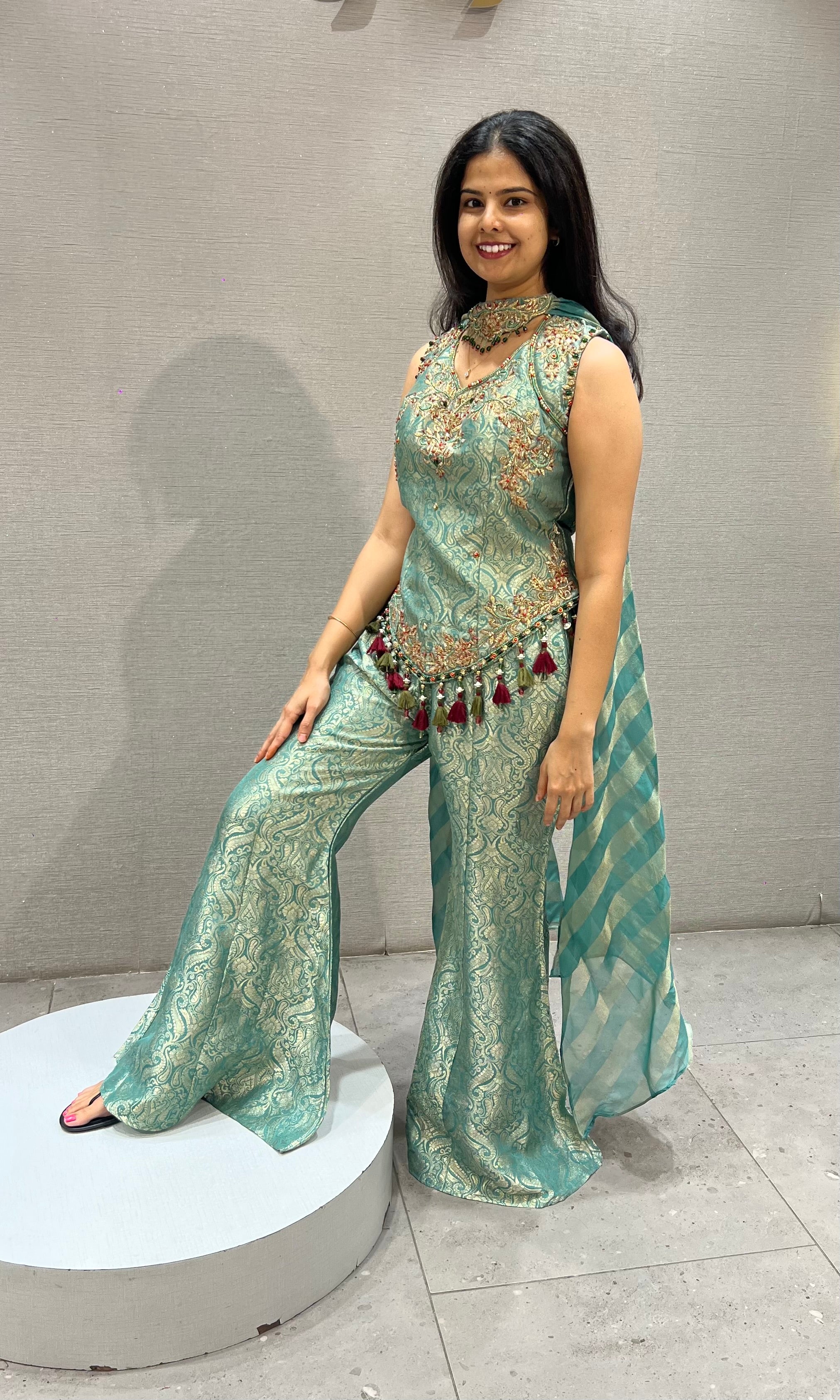 Green Gold Floral Banarasi Silk Brocade Peplum palazzo set