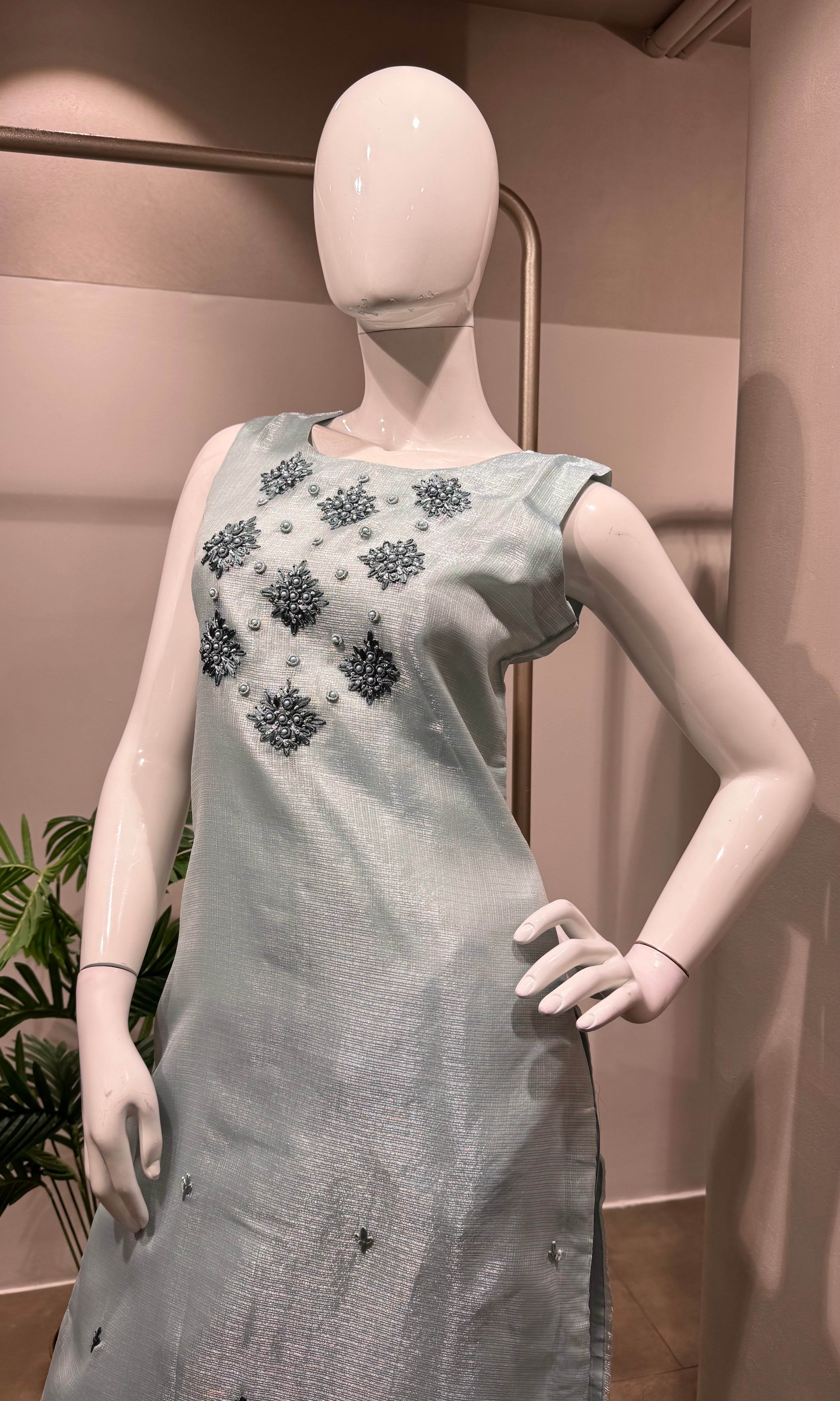 Sea Blue Kota Doria Embroidered Kurta Set