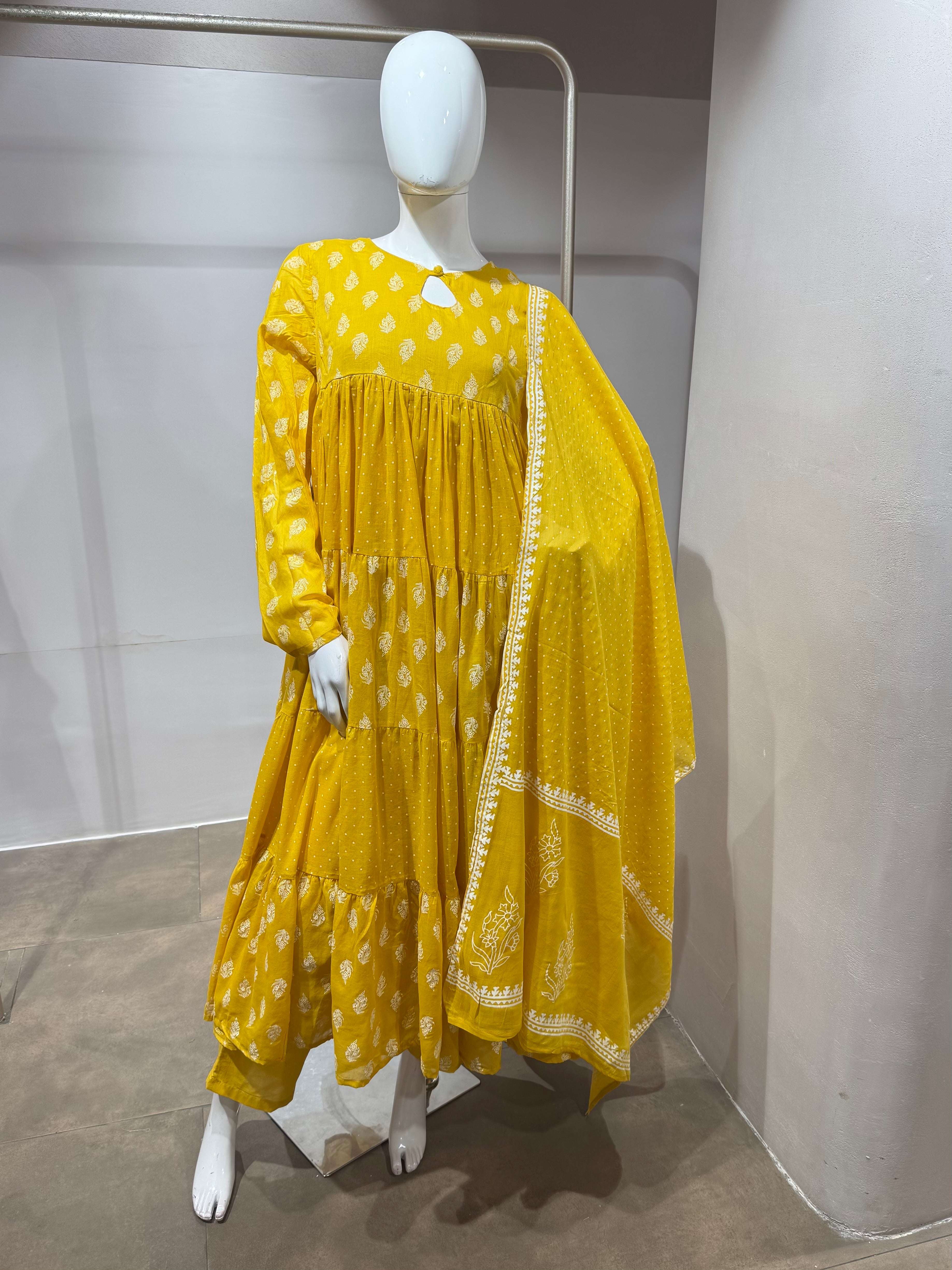 Mustard Floral Block Print anarkali Set with Dupatta
