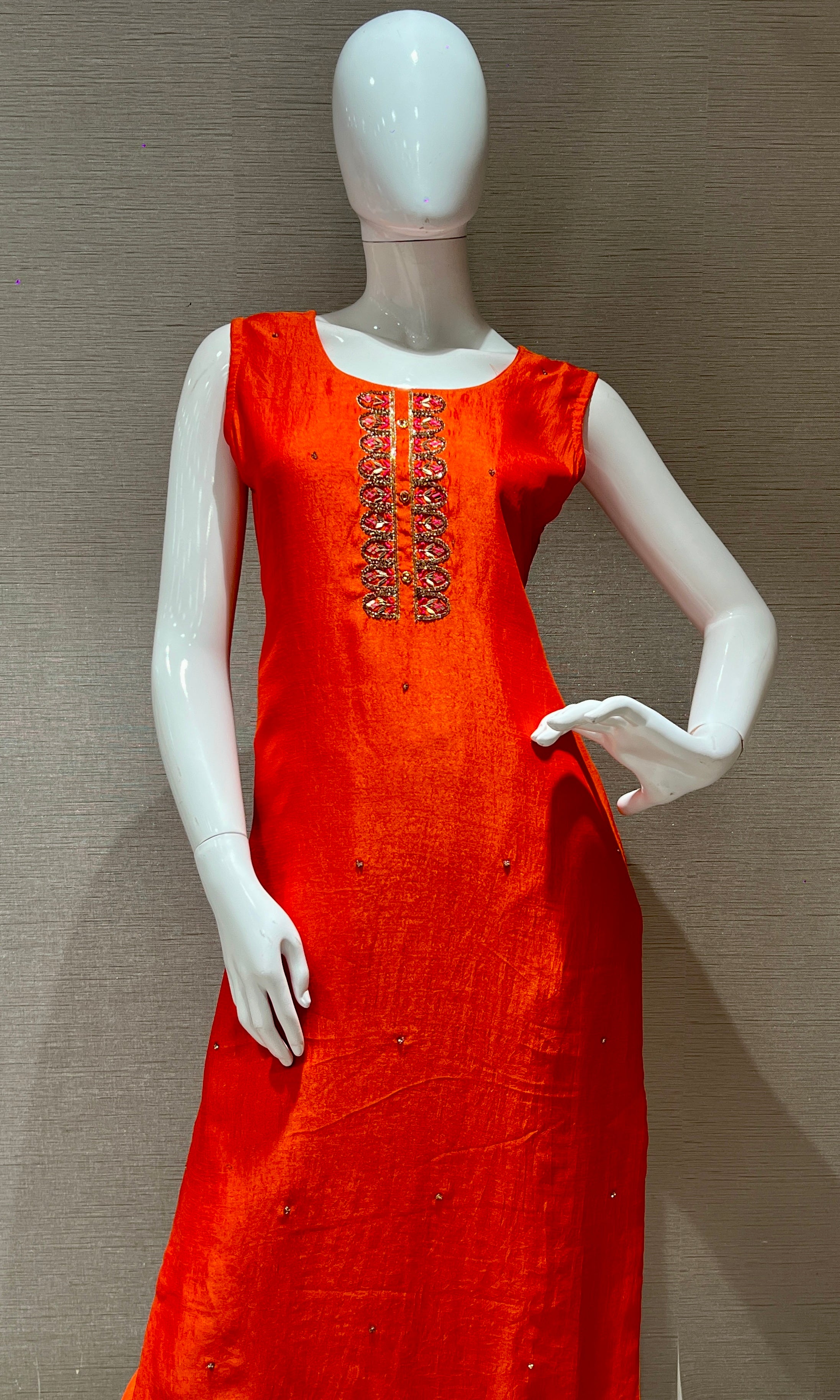 Orange Kurta set with Pink Brocade Dupatta