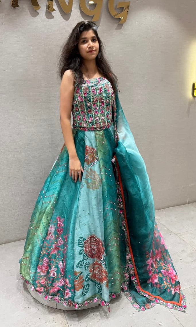 Teal BLUE Bloom Organza Lehenga