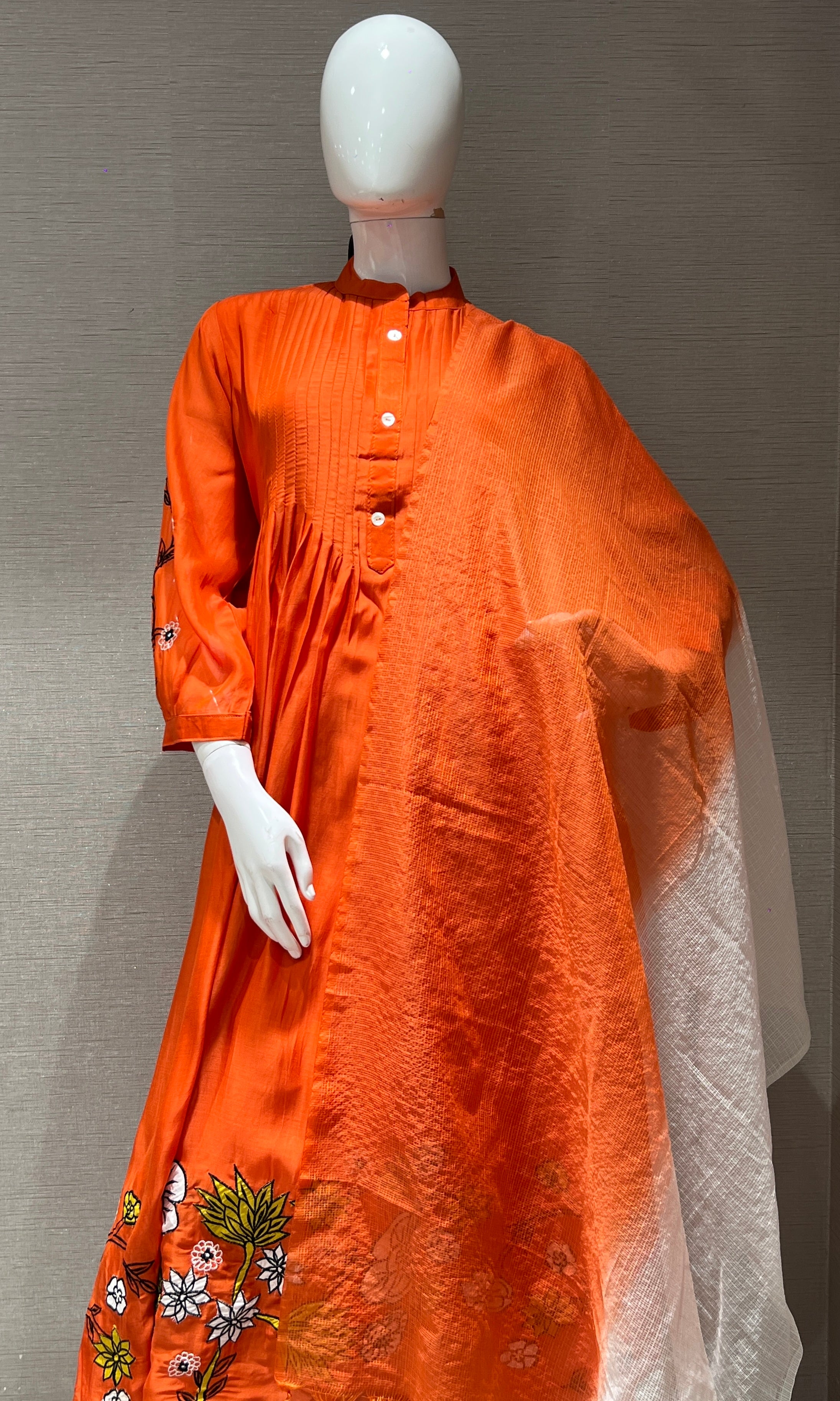 Orange floral embroidery mul chanderi kurta set