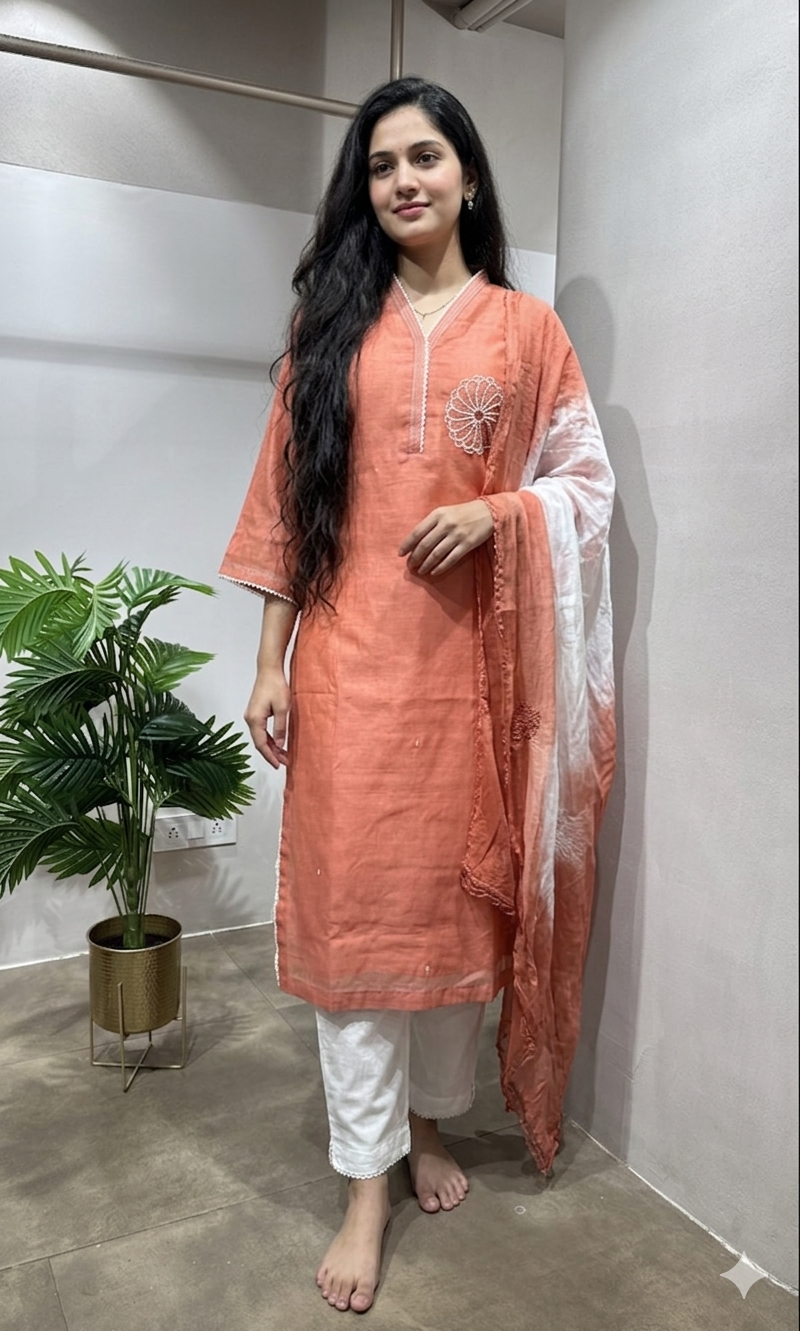 Peach Embroidered Straight Kurta set