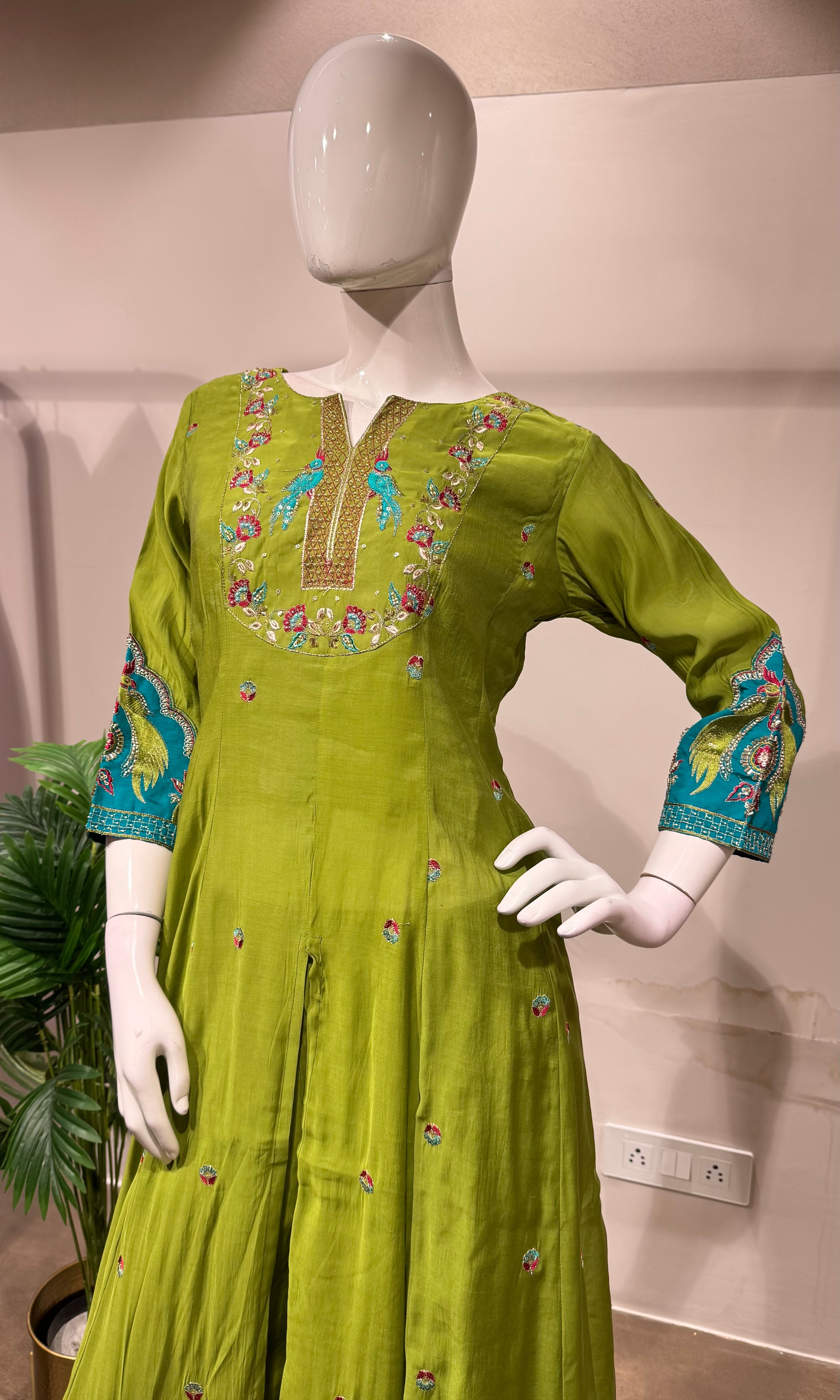 Green embroidered anarkali with palazzo pants