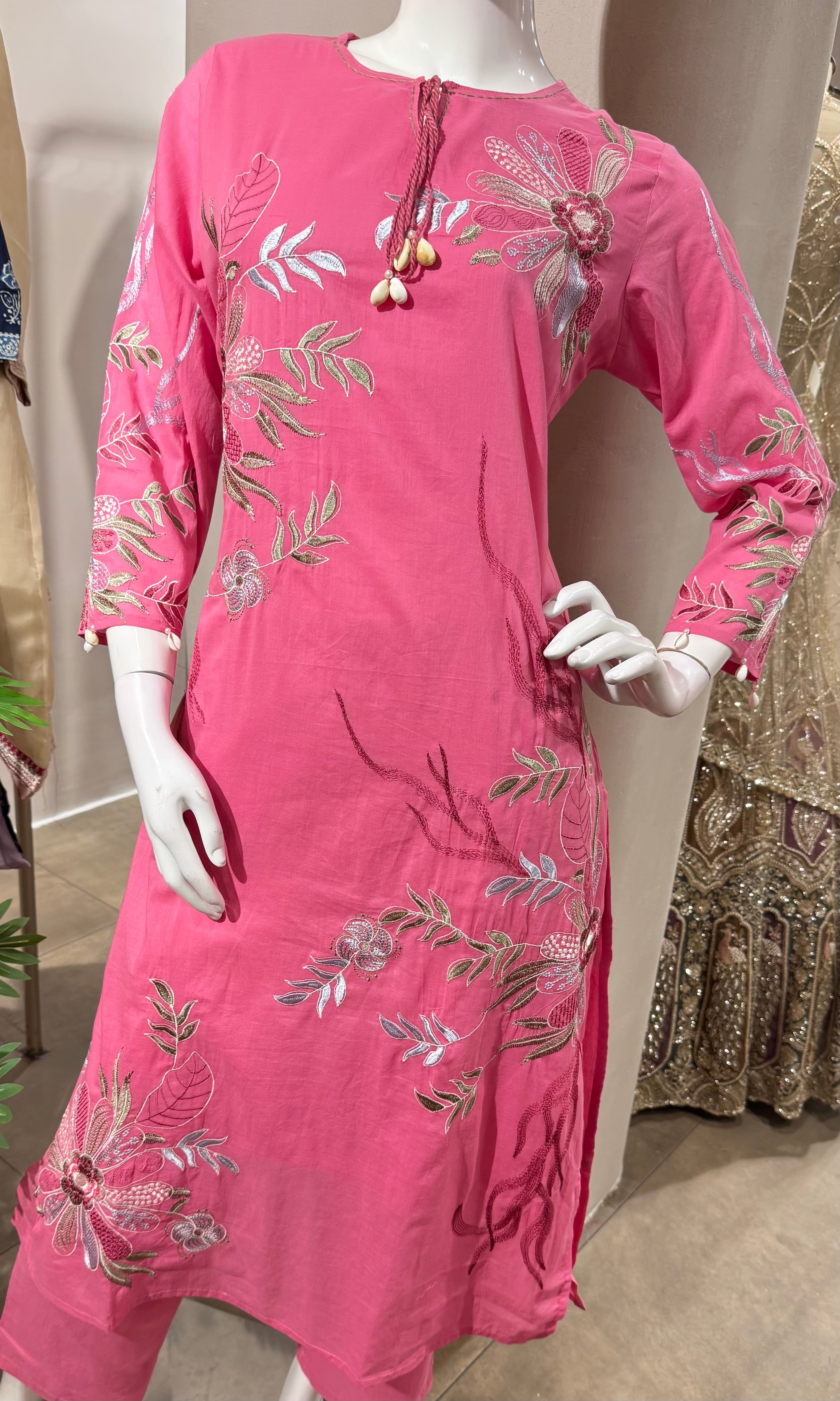 PINK FLORAL EMBROIDERED KURTA SET