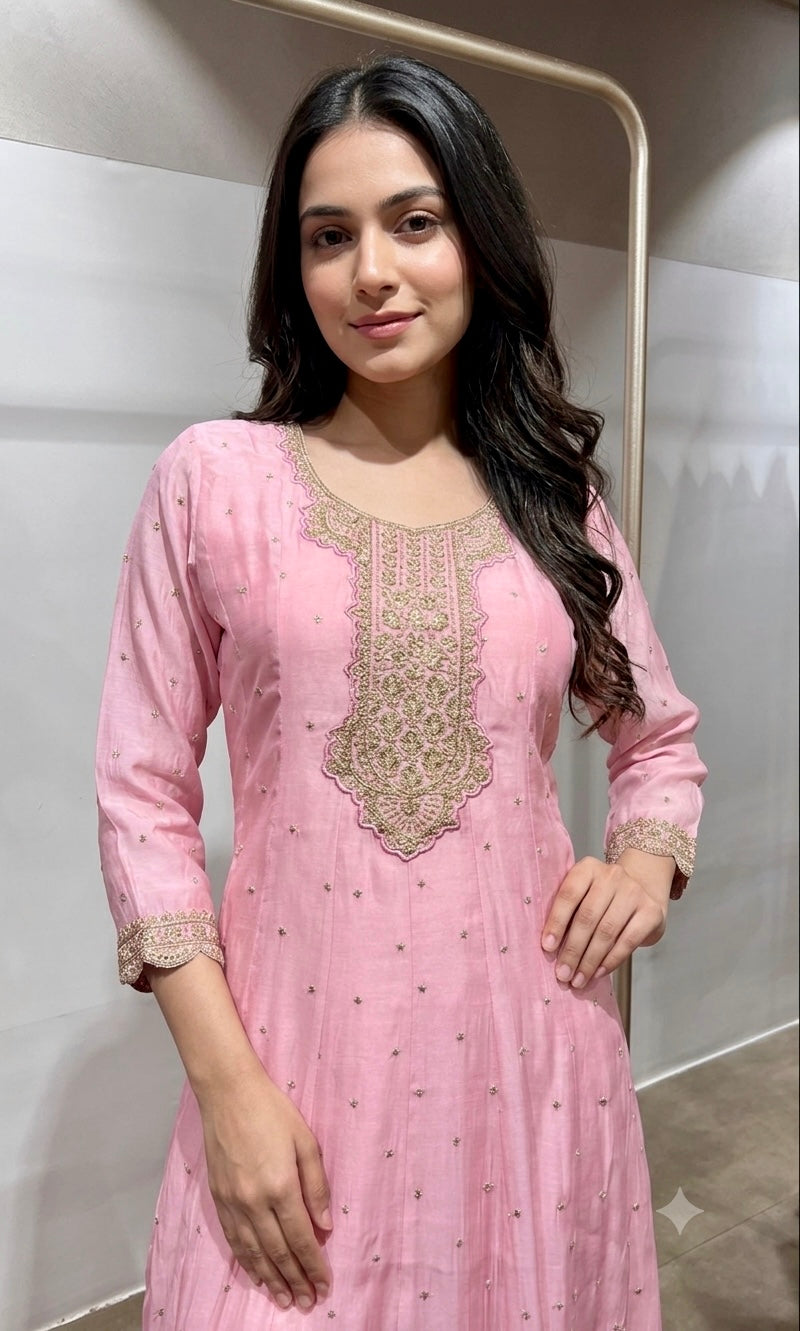 Baby Pink Embroidered Anarkali Suit Set