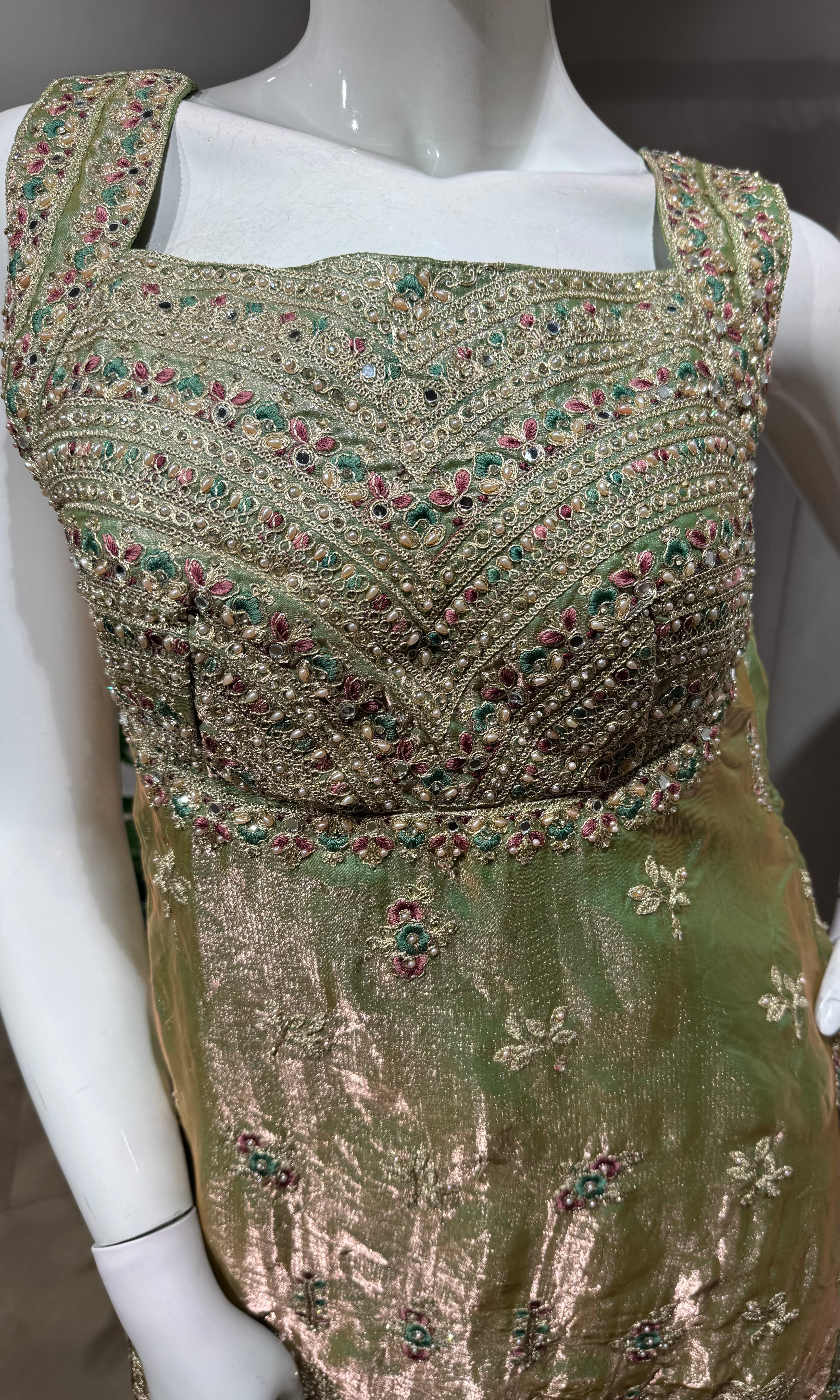 GREEN golden embroidered silk sharara set