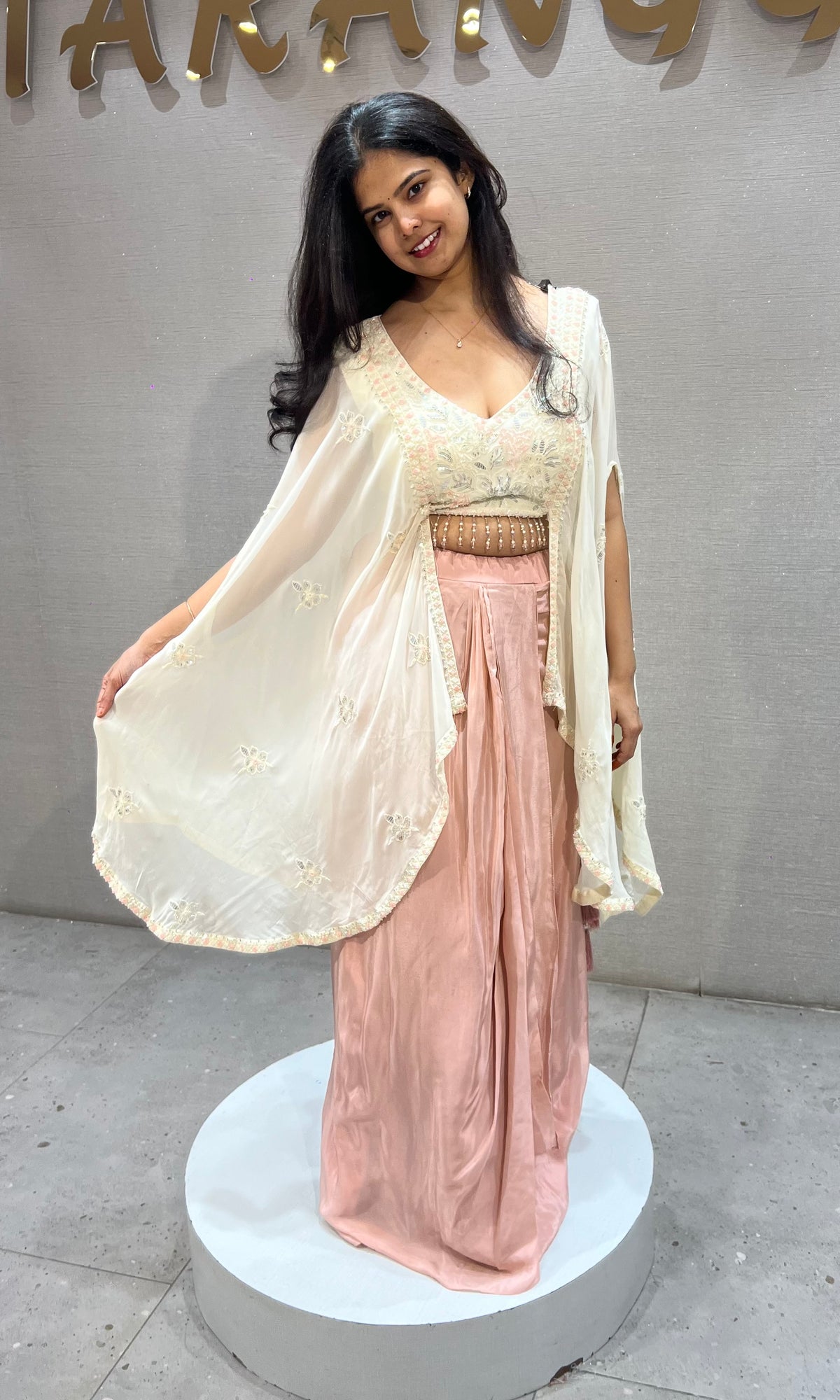 Cream satin Crop Top with Flowing Overlay Cape & Draped Skirt