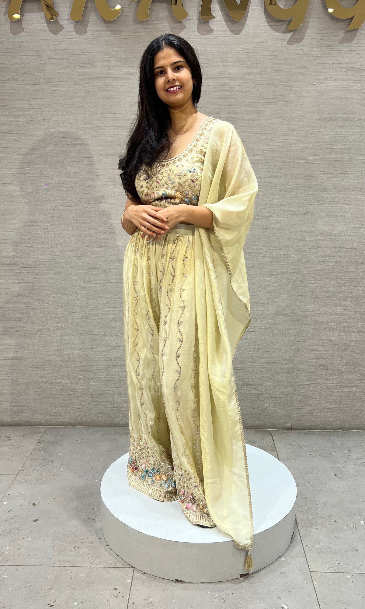 Half white Embroidered Tissue silk Crop Top Palazzo Set with Dupatta