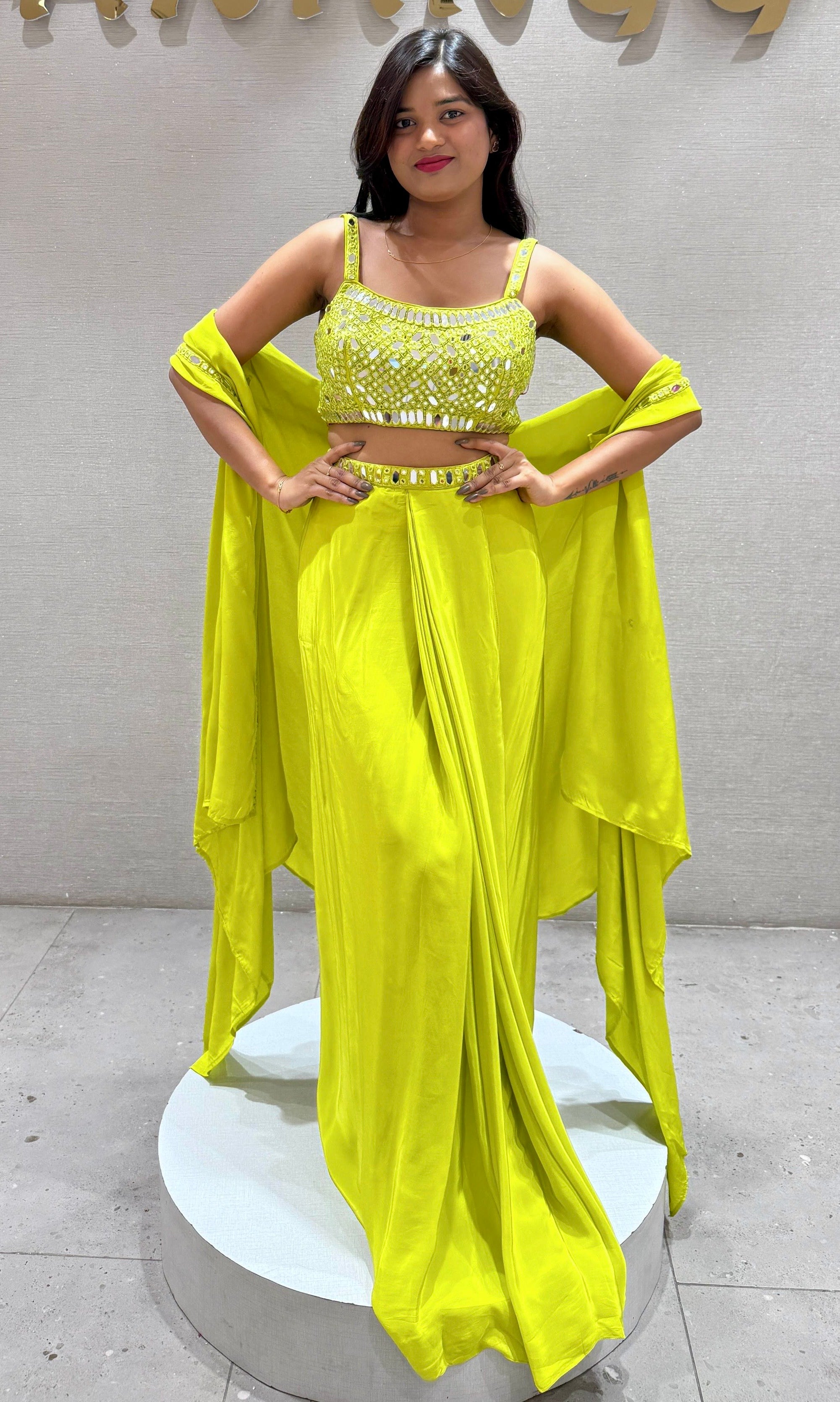 GREEN 3 PIECE INDO WESTERN DRESS, CAPE CROP TOP SKIRT