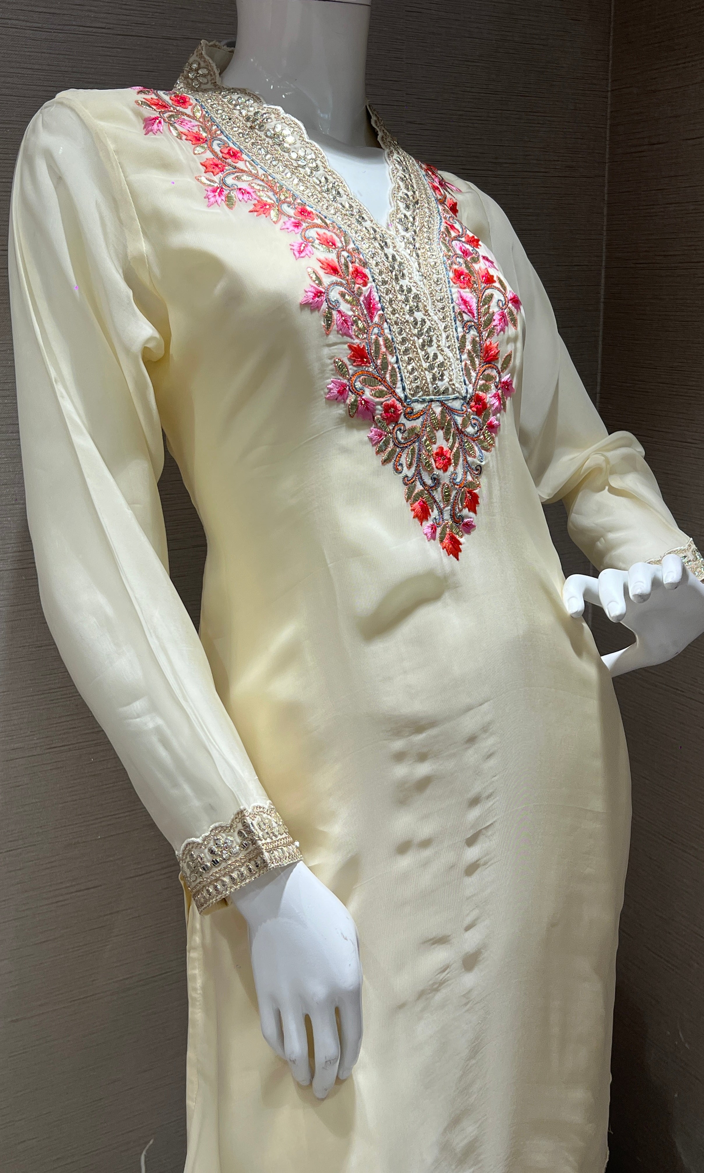 Cream embroidered kurta set with printed dupatta