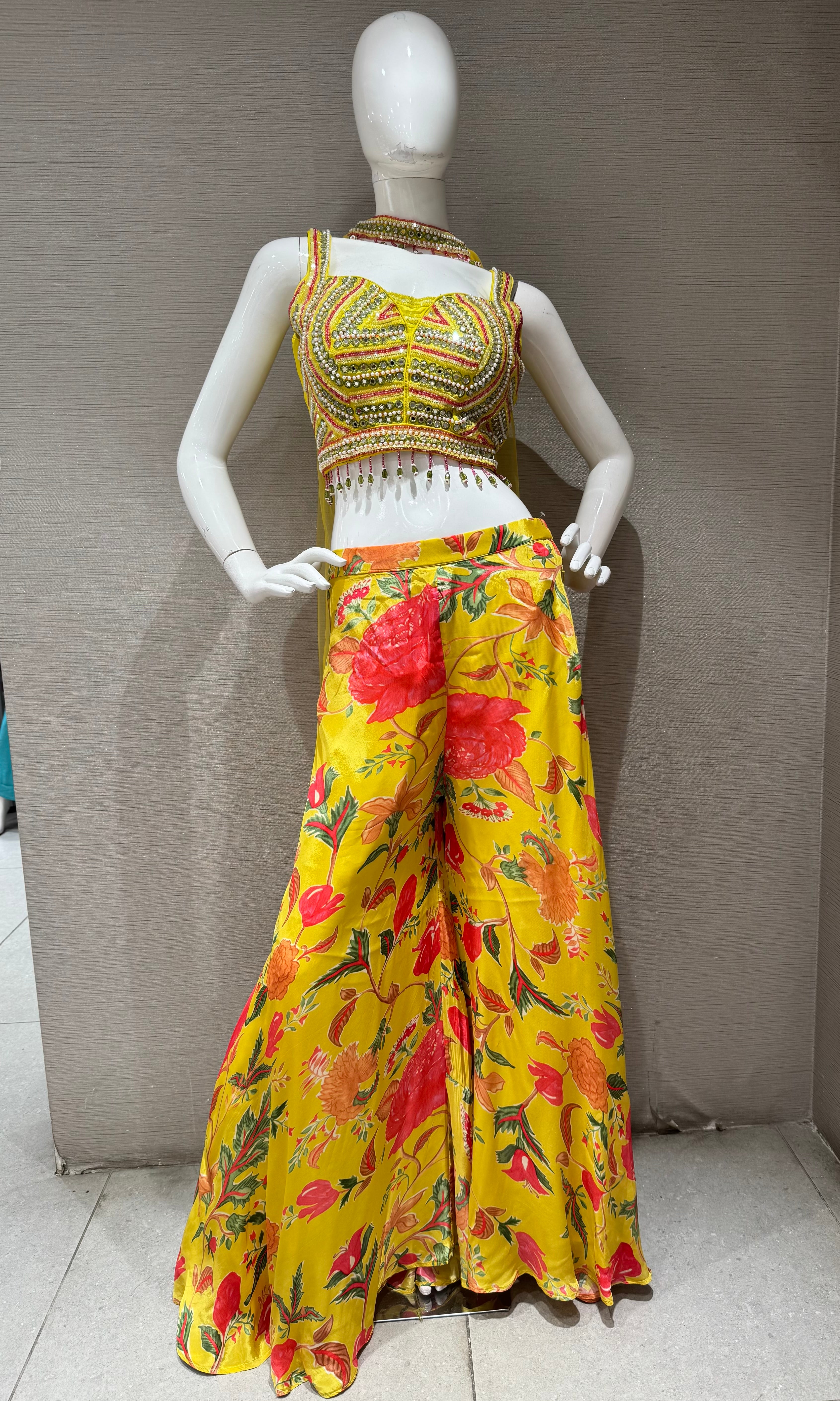 Yellow Embroidered crop top palazzo set