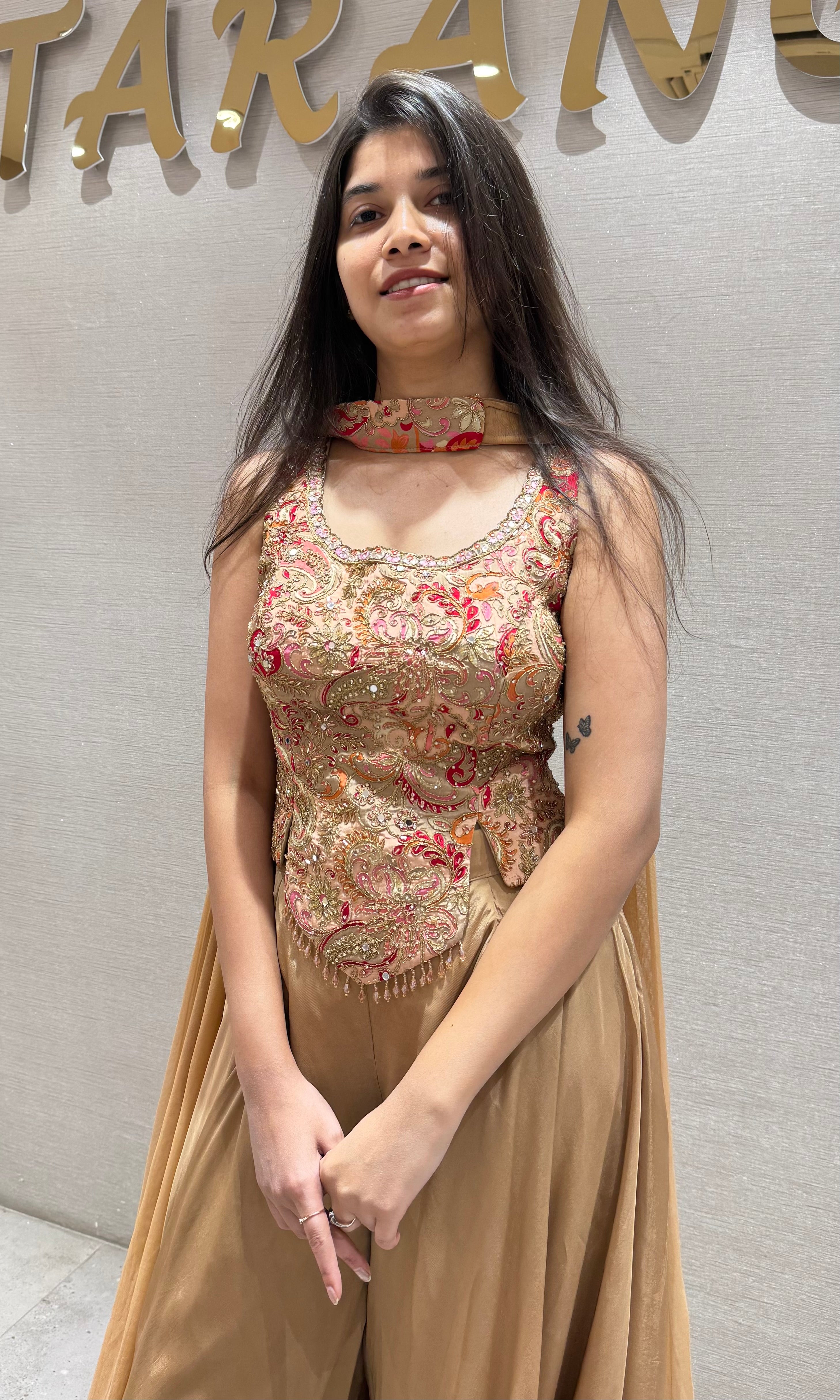 Brown EMBROIDERED PEPLUM PALAZZO SET