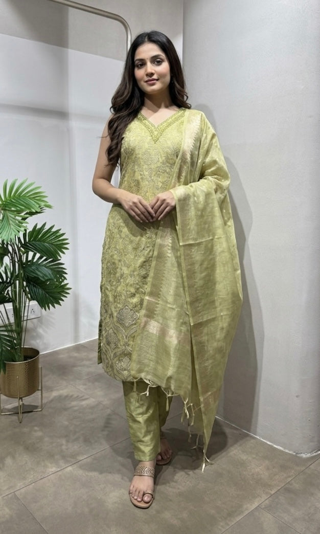 mehandi green embroidered tissue kurta set