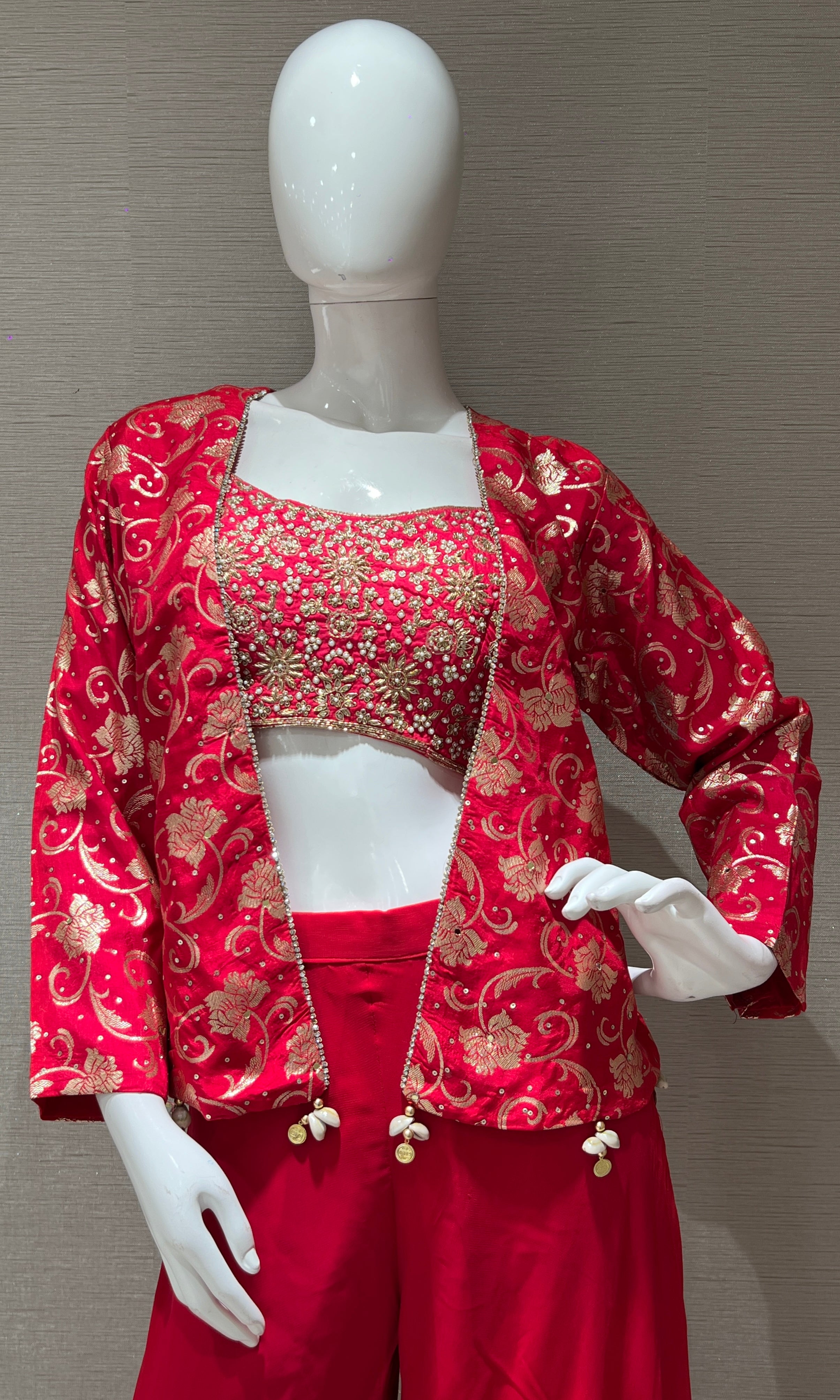 Pink Embroidered Top With Jacket Palazzo