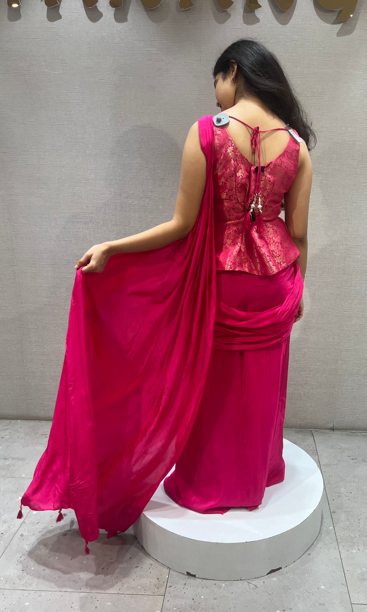 Fushion Pink Satin Dothi style skirt with Floral Blouse