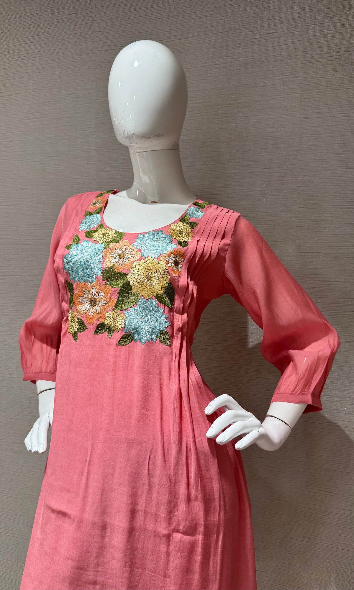 Pink Floral Embroidered Mul Chanderi A Line kurta Set with dupatta