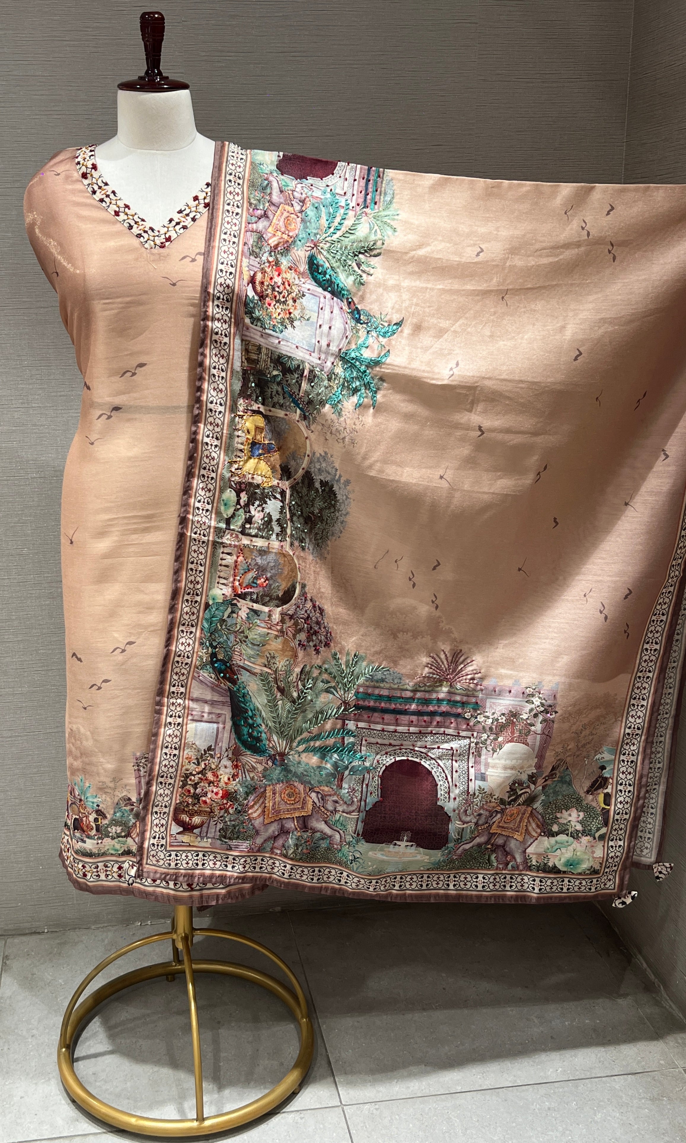 Gold floral embroidered dress material