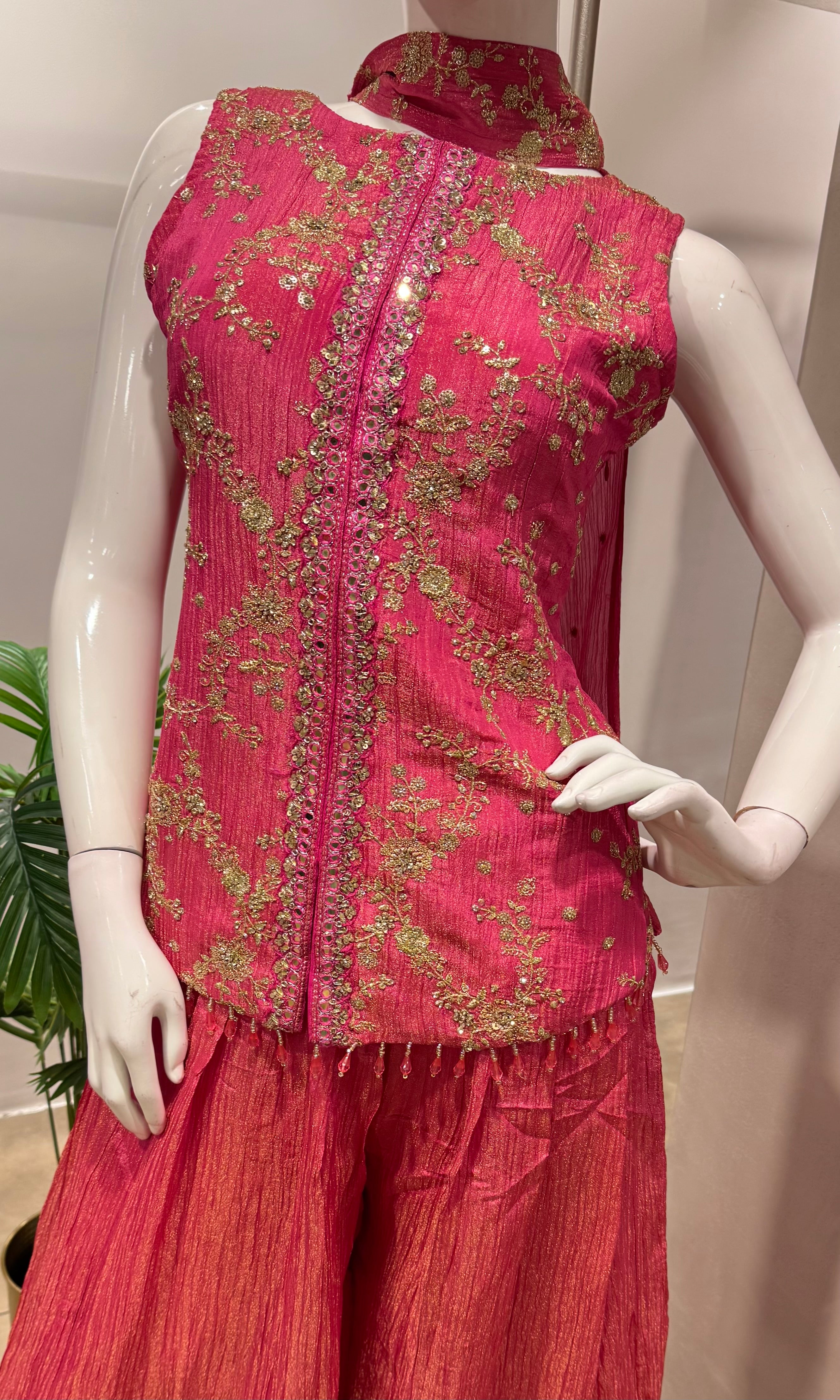 Pink embroidered peplum palazzo set