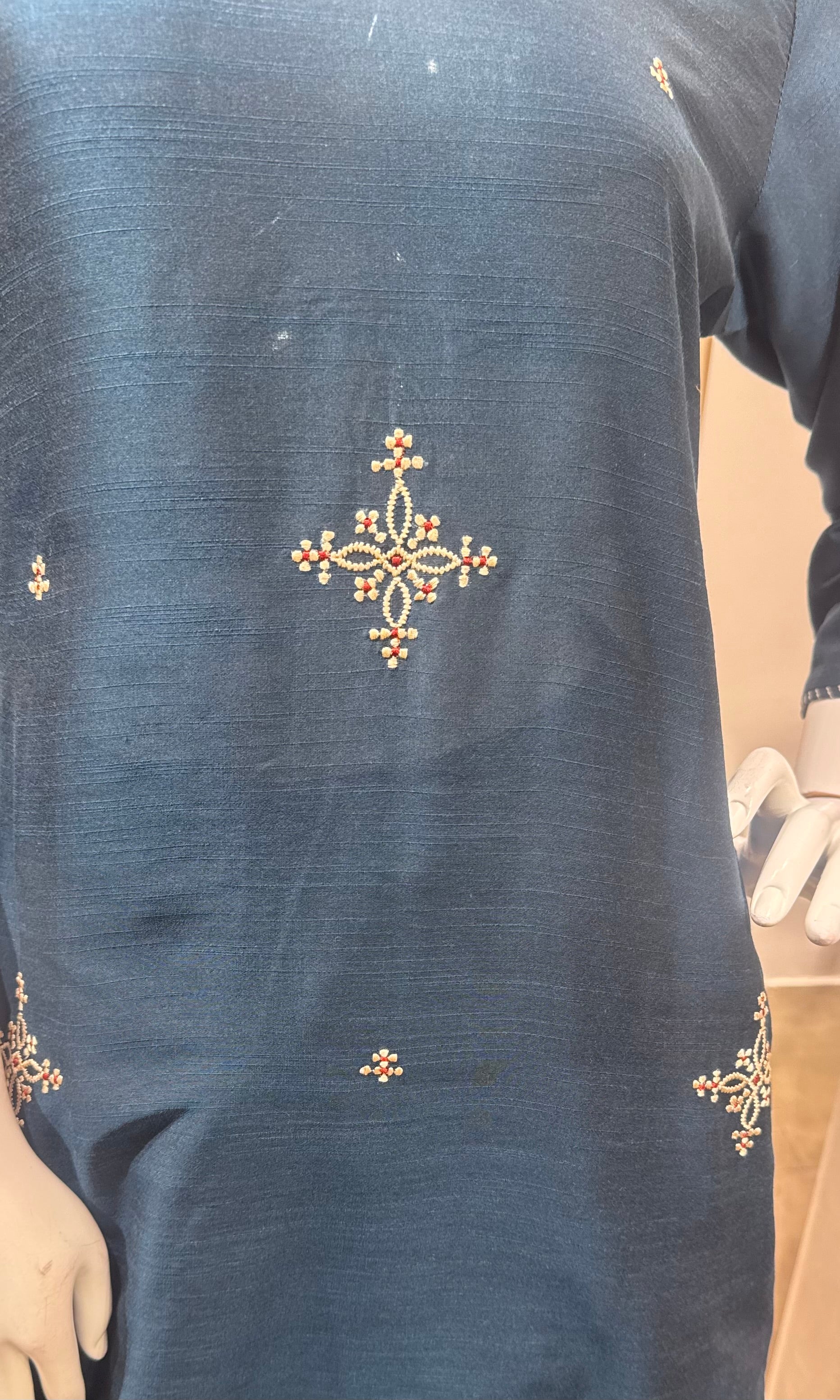 Blue Embroidered Chanderi Kurta Set with Dupatta
