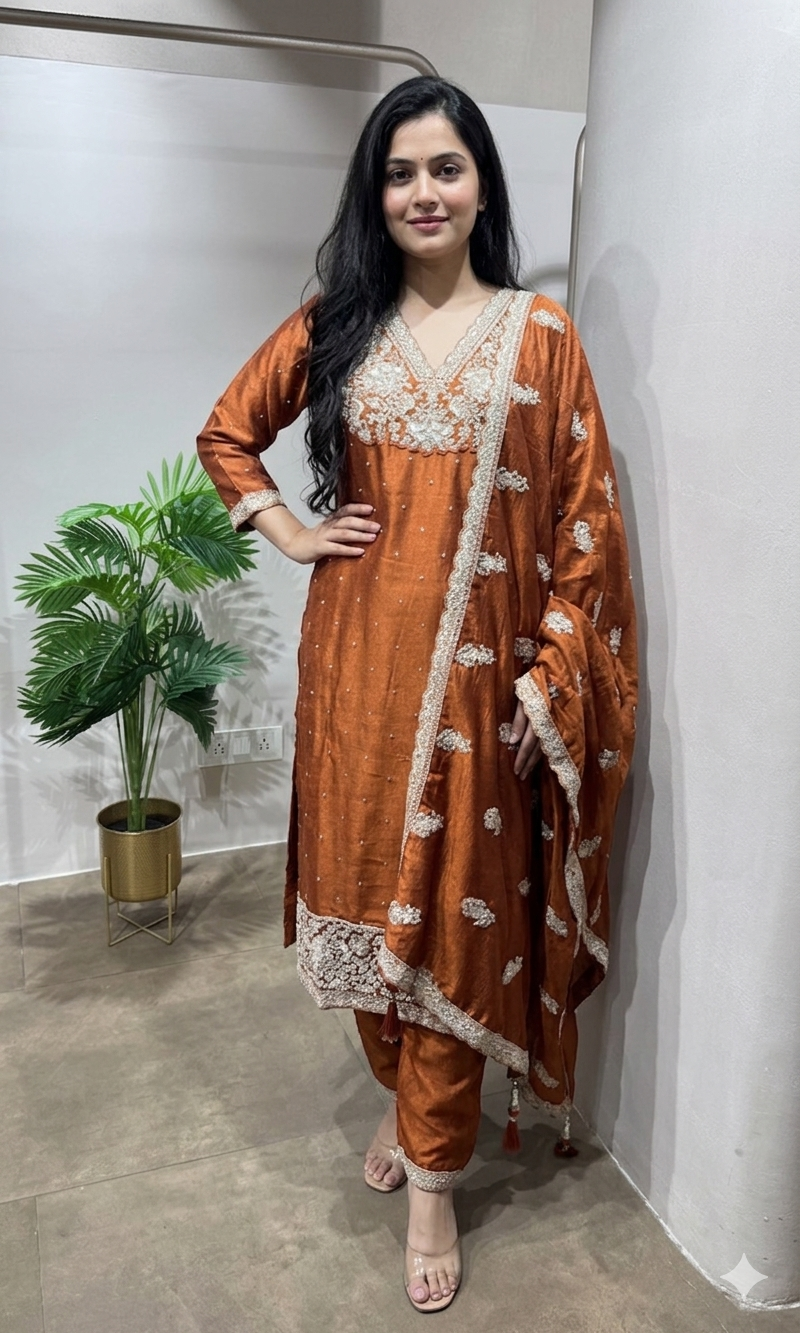 Rust golden embroidery kurta set