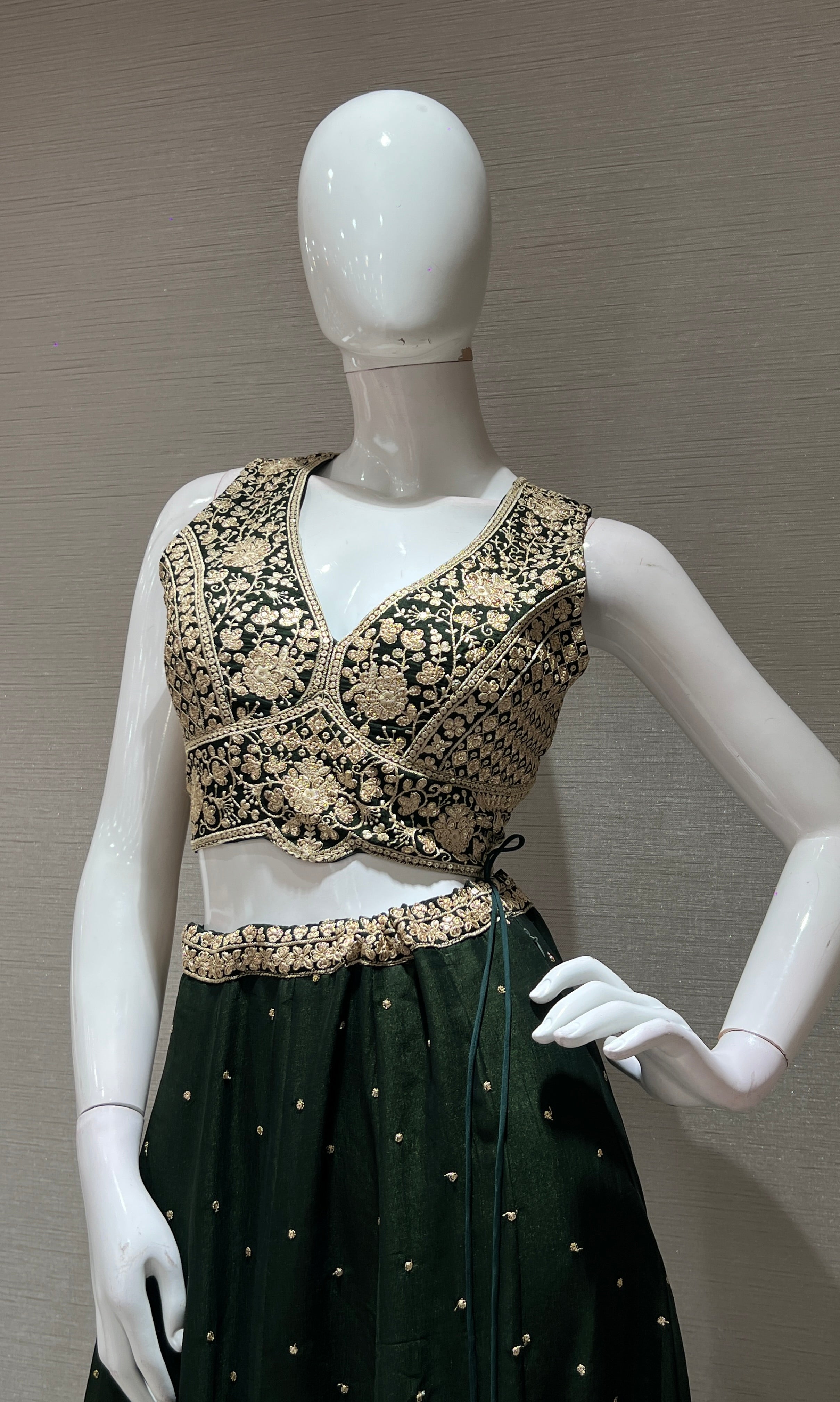Bottle green golden embroidered lehanga