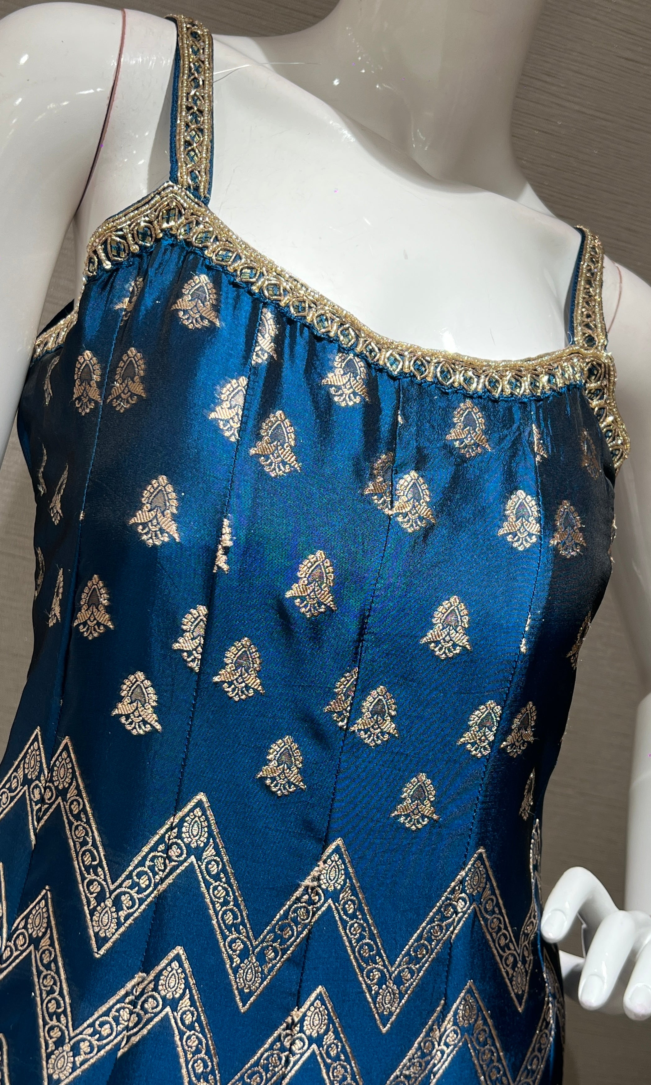 Peacock Blue Anarkali with Gold Print embroidery