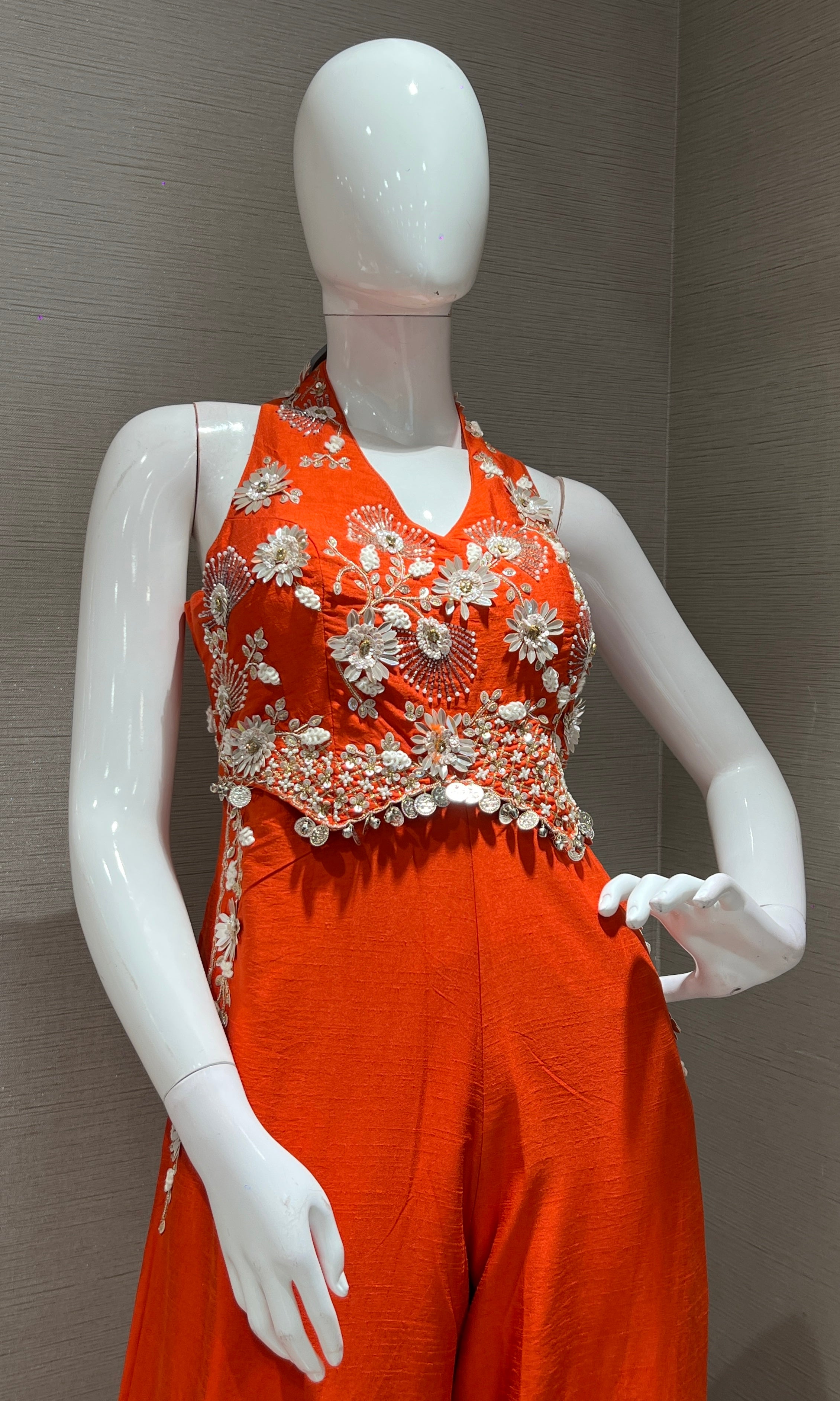 Orange FLOWER EMBROIDERY jumpsuit