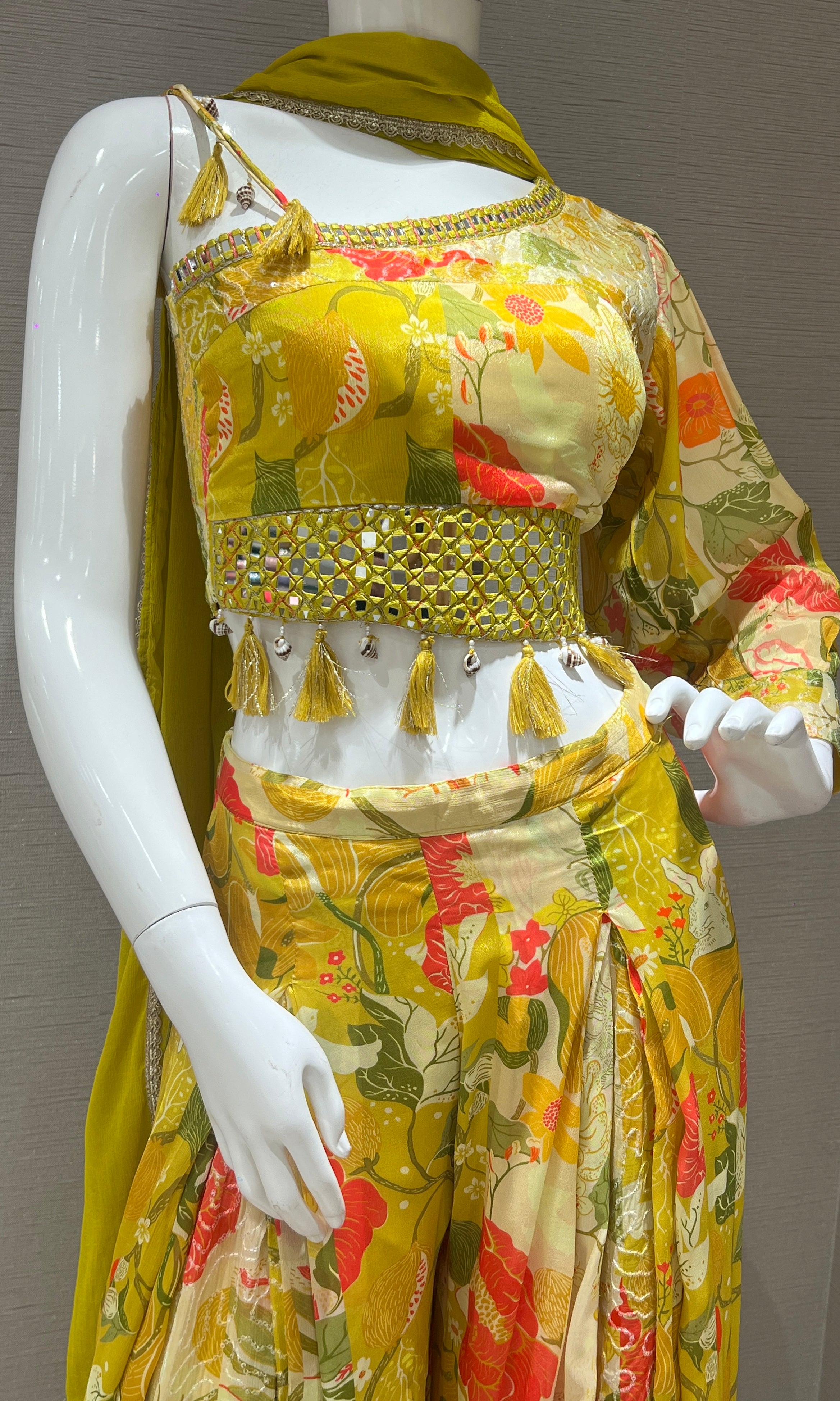 Yellow one shoulder crop top with palazzo