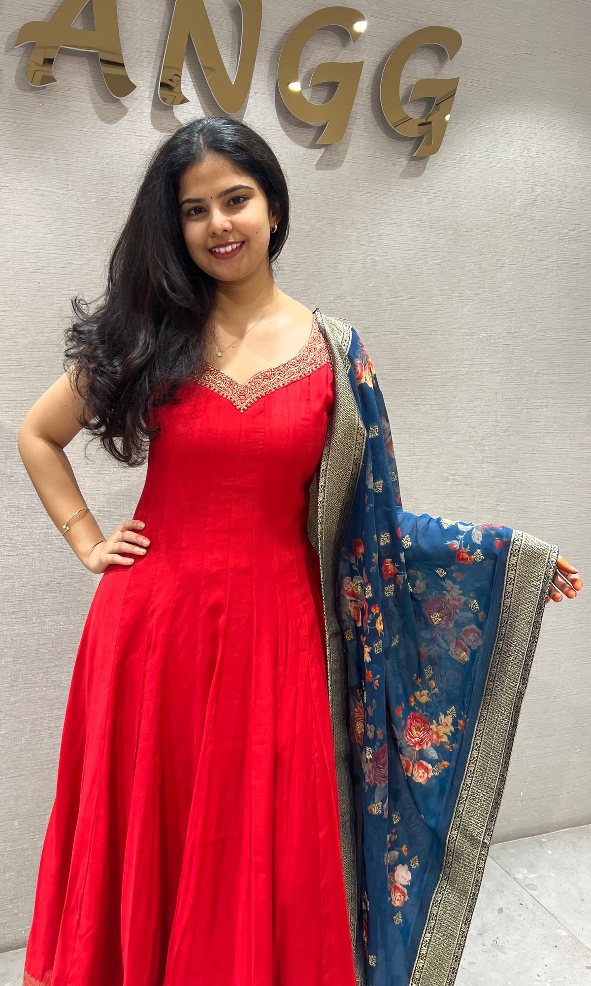 Red Georgette Anarkali Set with Blue Floral Dupatta