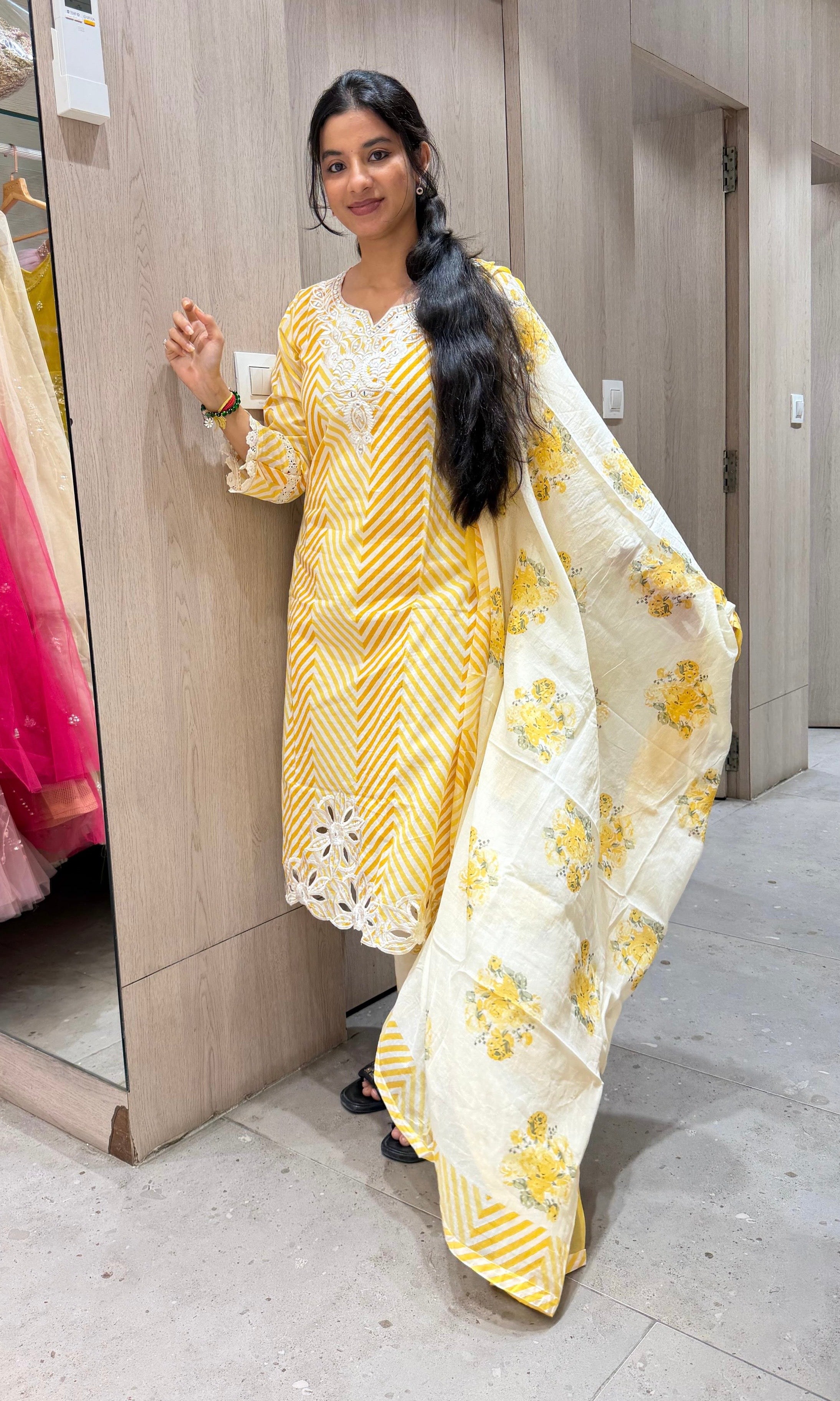 Yellow FLORAL STRIPED PRINTED kurta set
