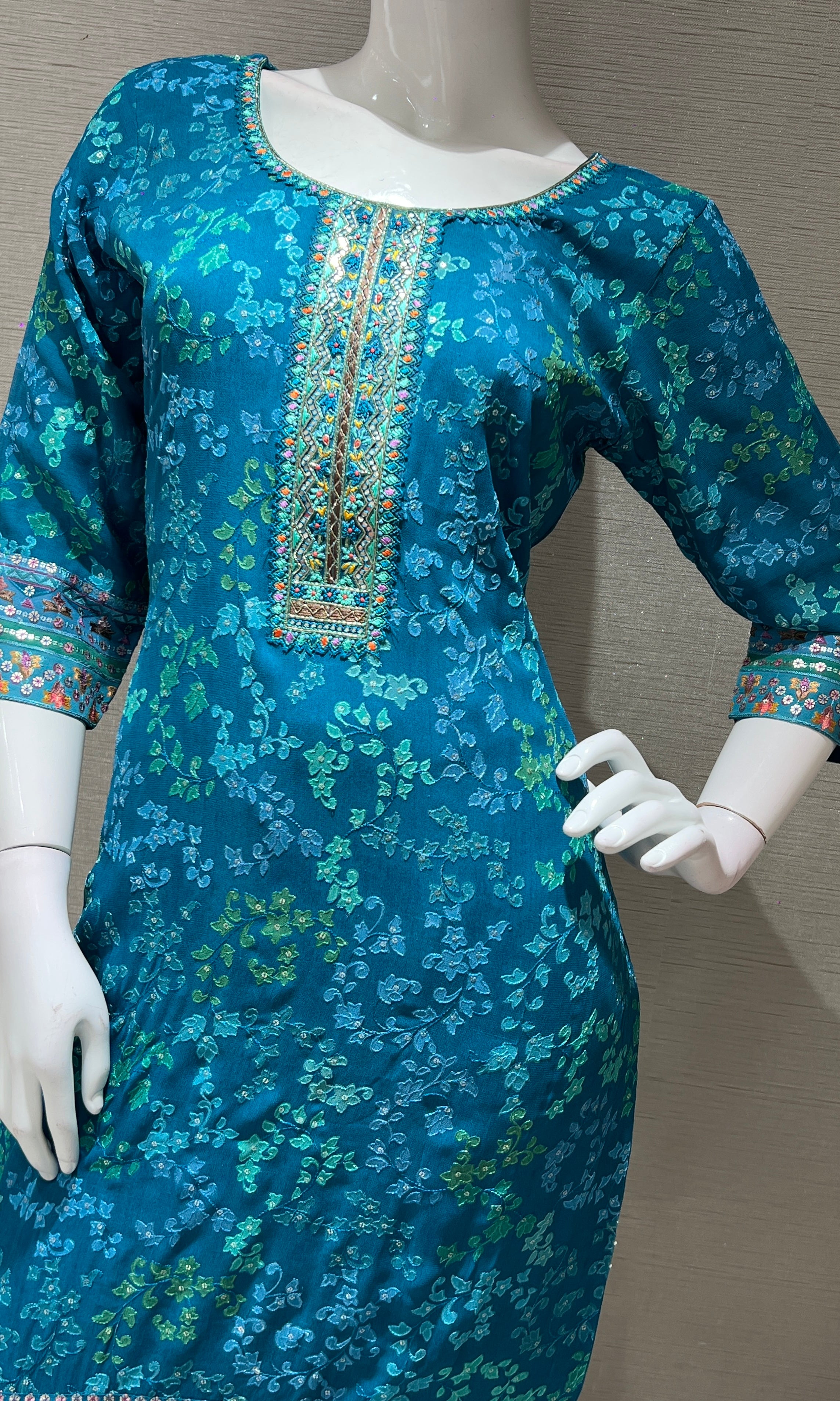 Sea green floral print kurta set