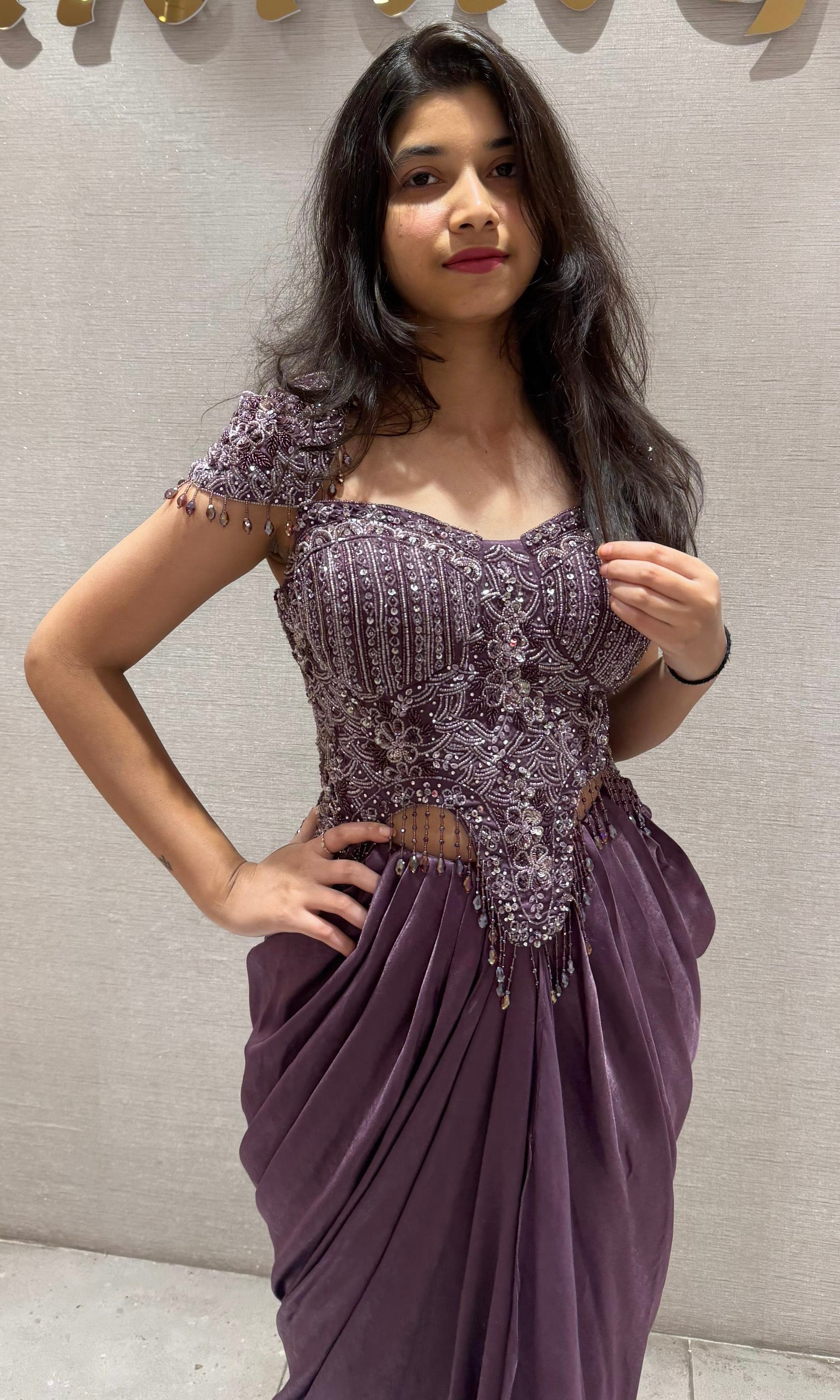 Wine corset blouse with drape skirt Indo western dress