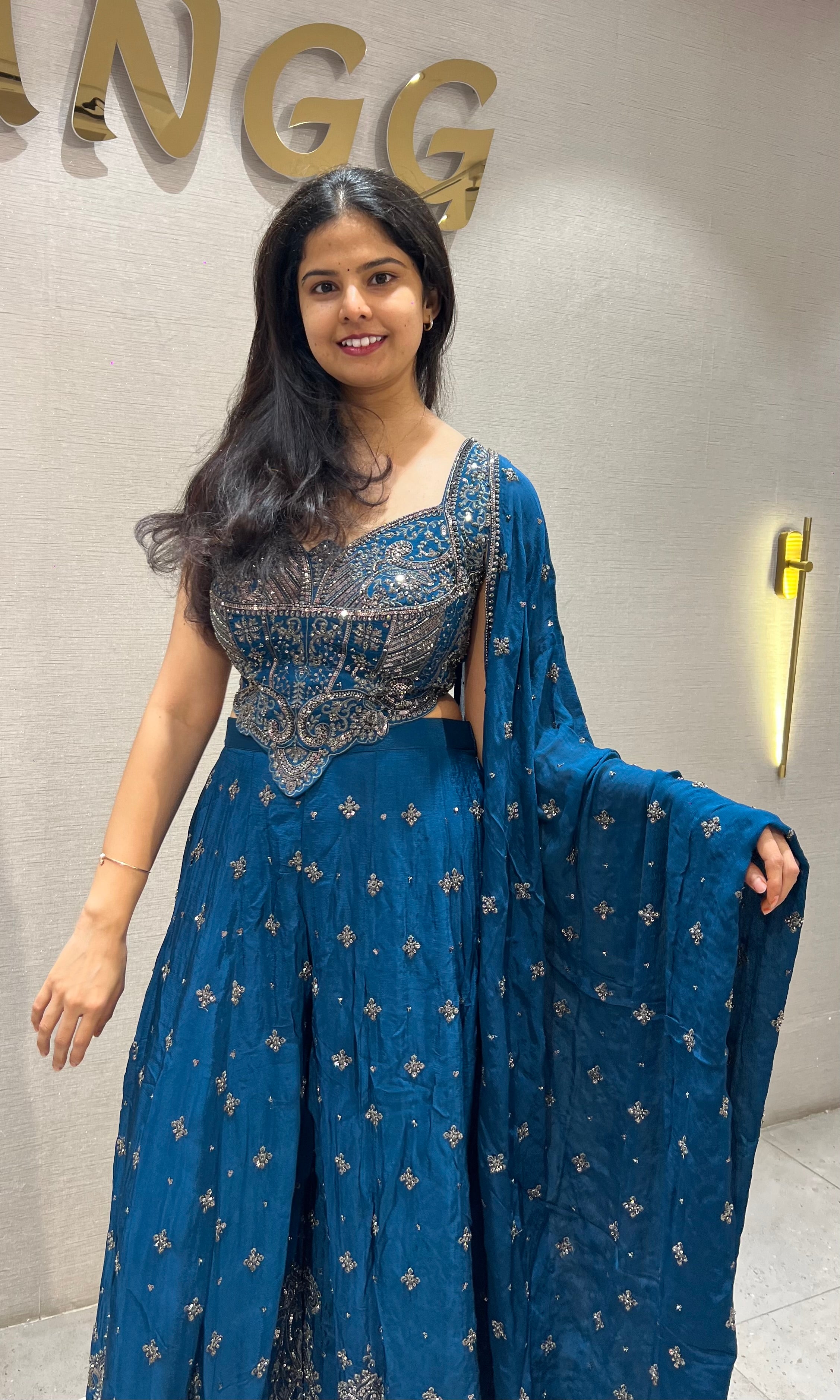 Navy Blue Chinon silk Embroidered Crop top Palazzo set