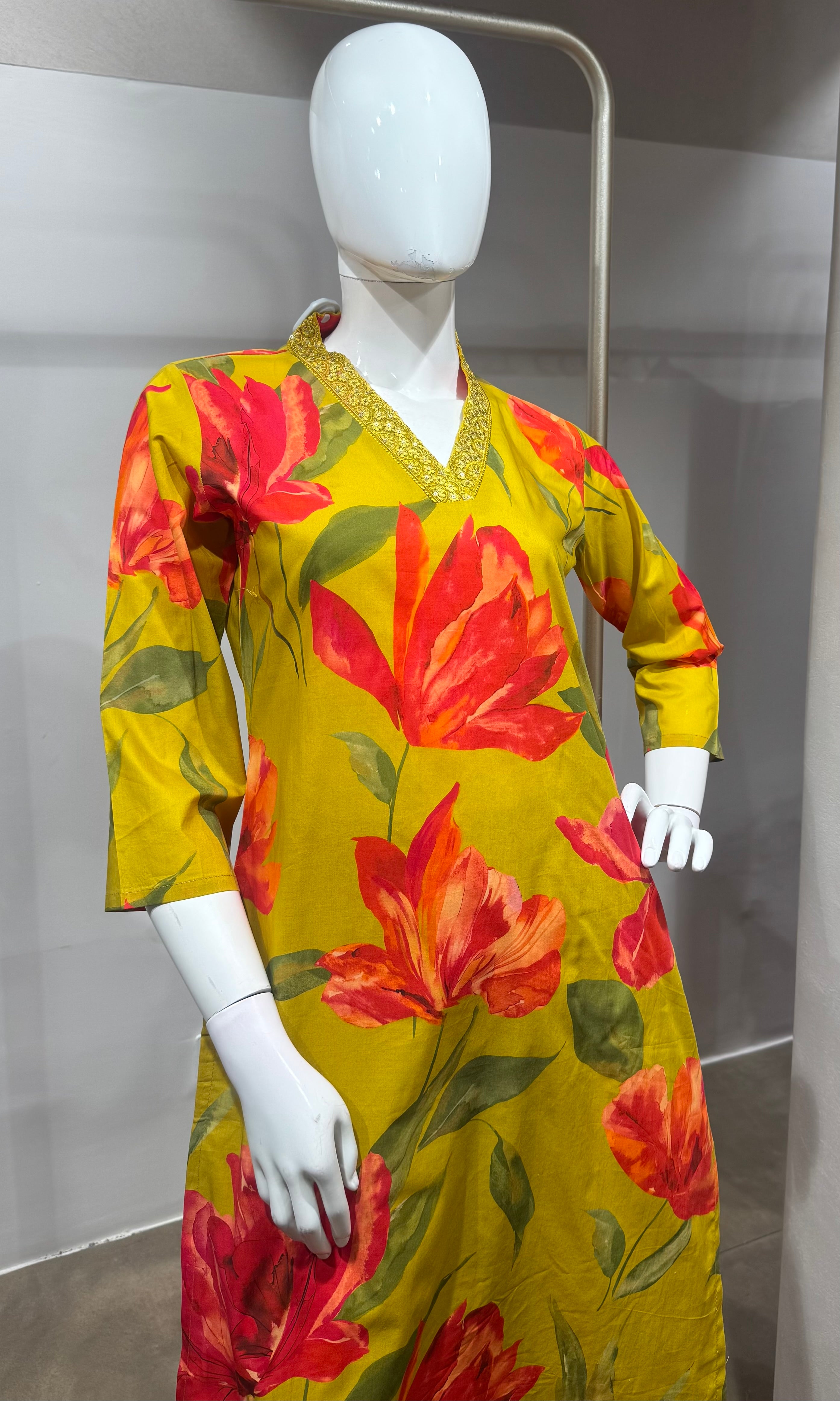 Mustard Botanical Printed Kurta Set