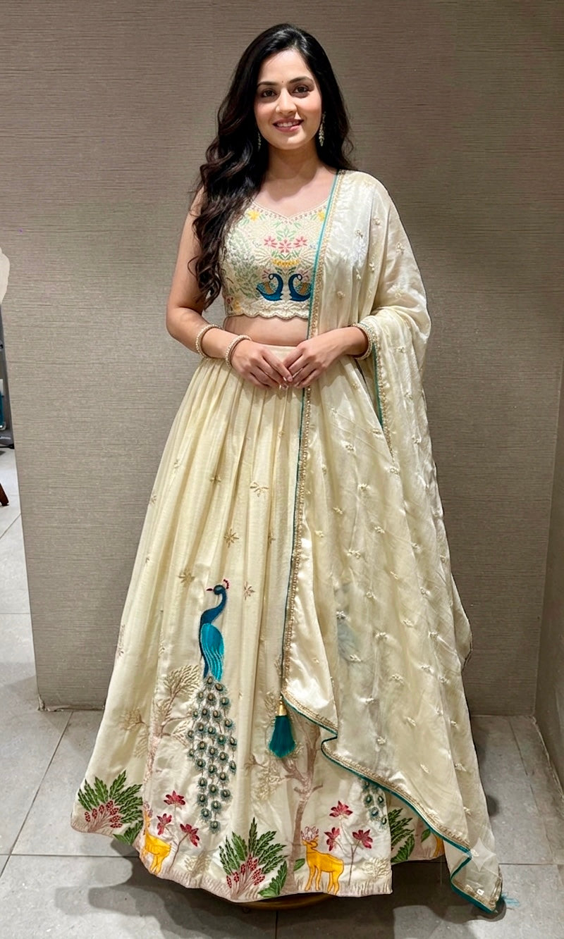Cream Lehenga WITH PEACOCK DESIGN