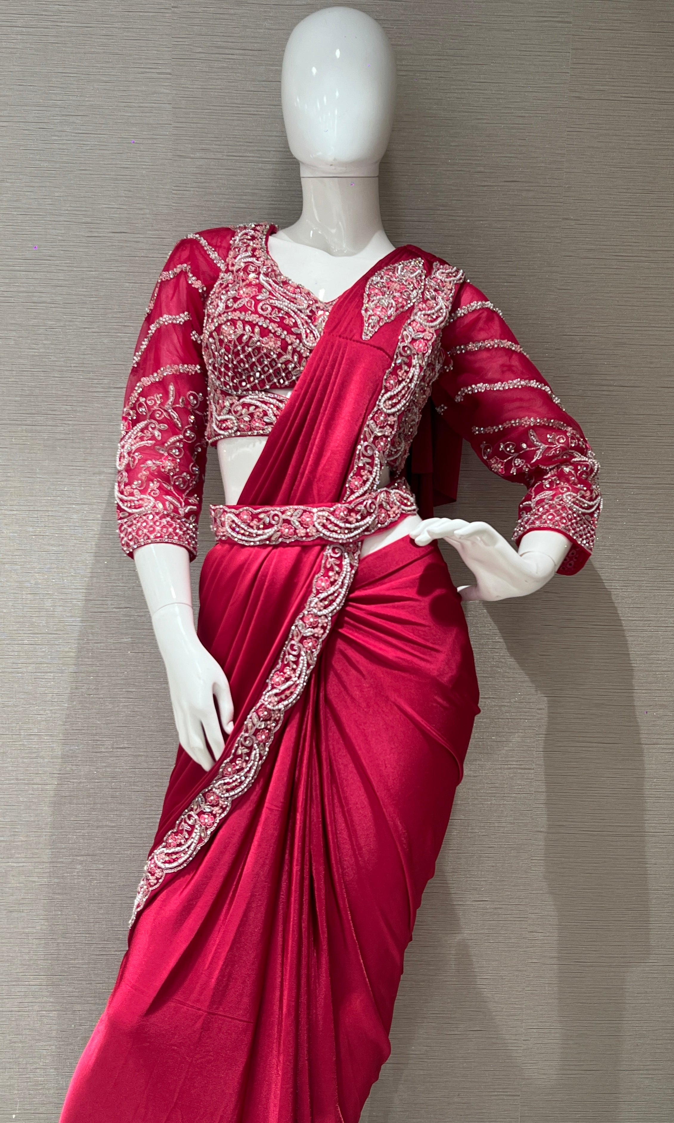Pink Floral Beads Embroidered drape saree