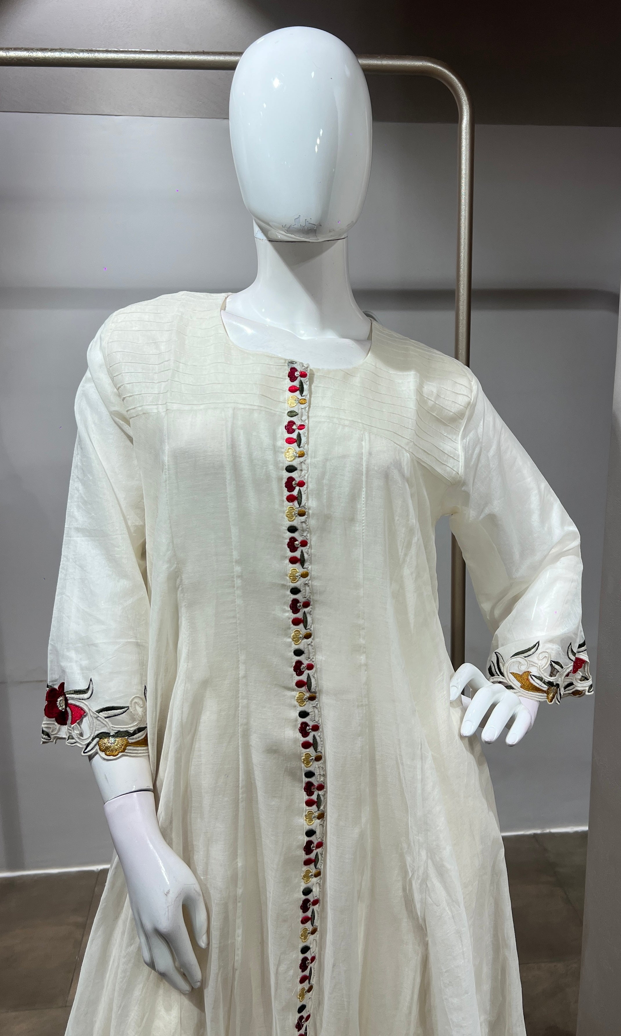 White Cotton Blend Flared Kurta set with Intricate Border