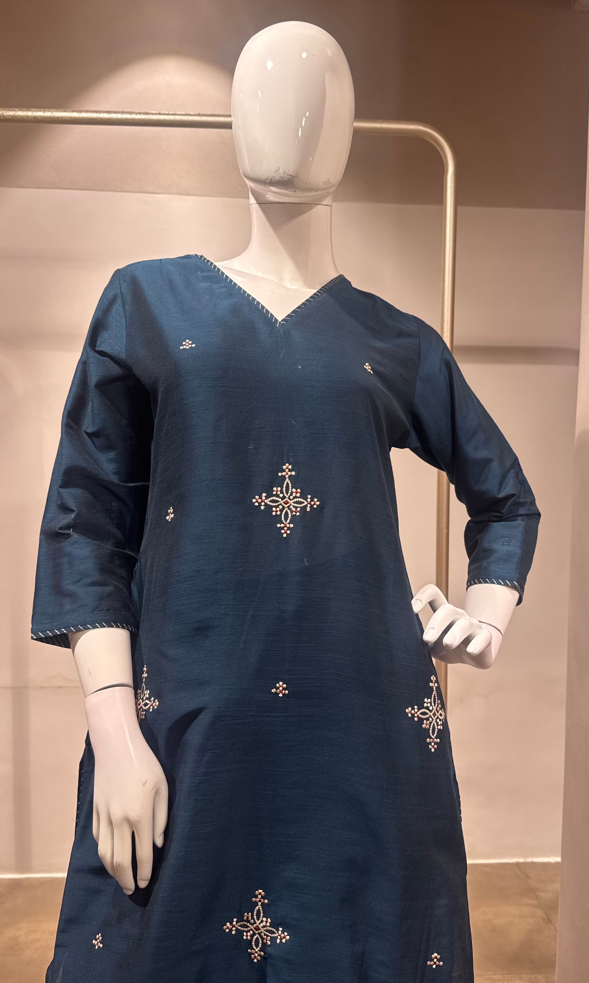 Blue Embroidered Chanderi Kurta Set with Dupatta