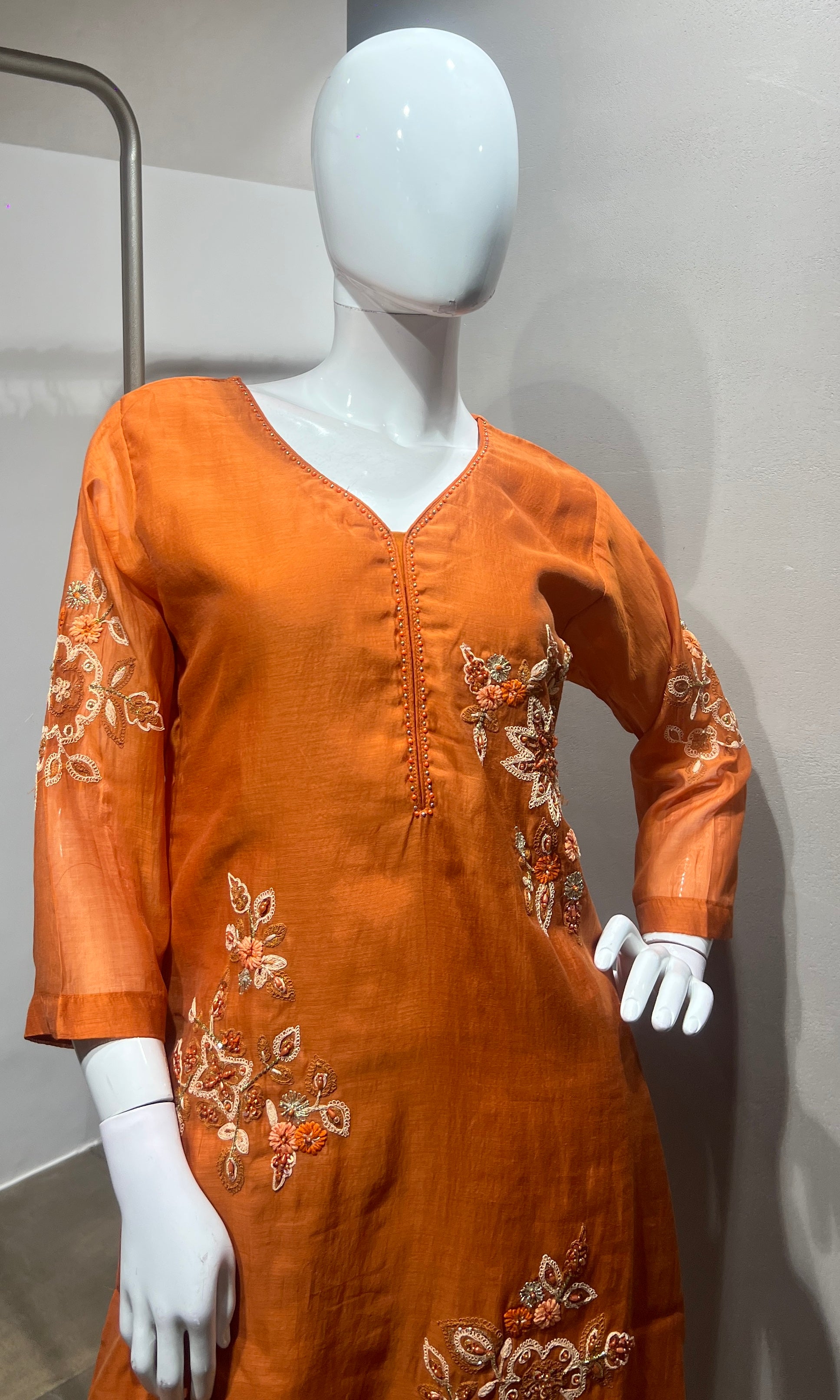 Rust Floral Mul Chanderi Embroidery Suit with Dupatta