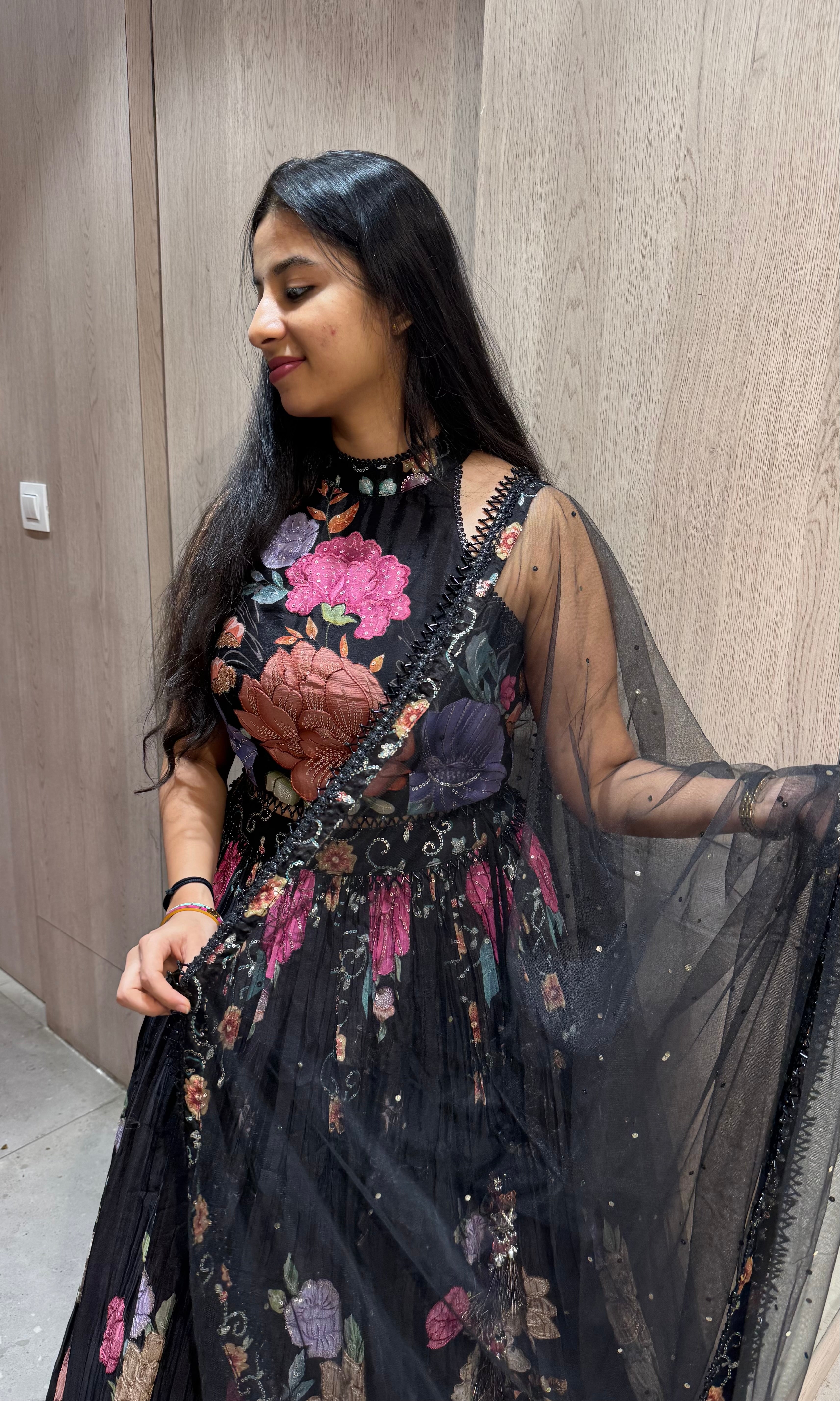 Black lehenga floral embossed design