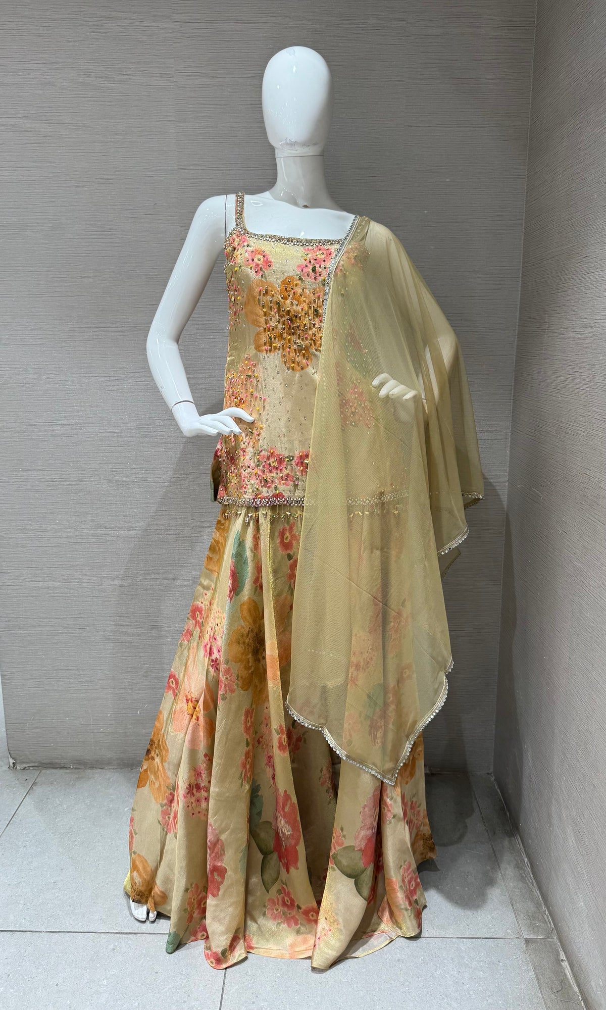 GREEN Art Silk Multicolor Floral Printed Sharara Set