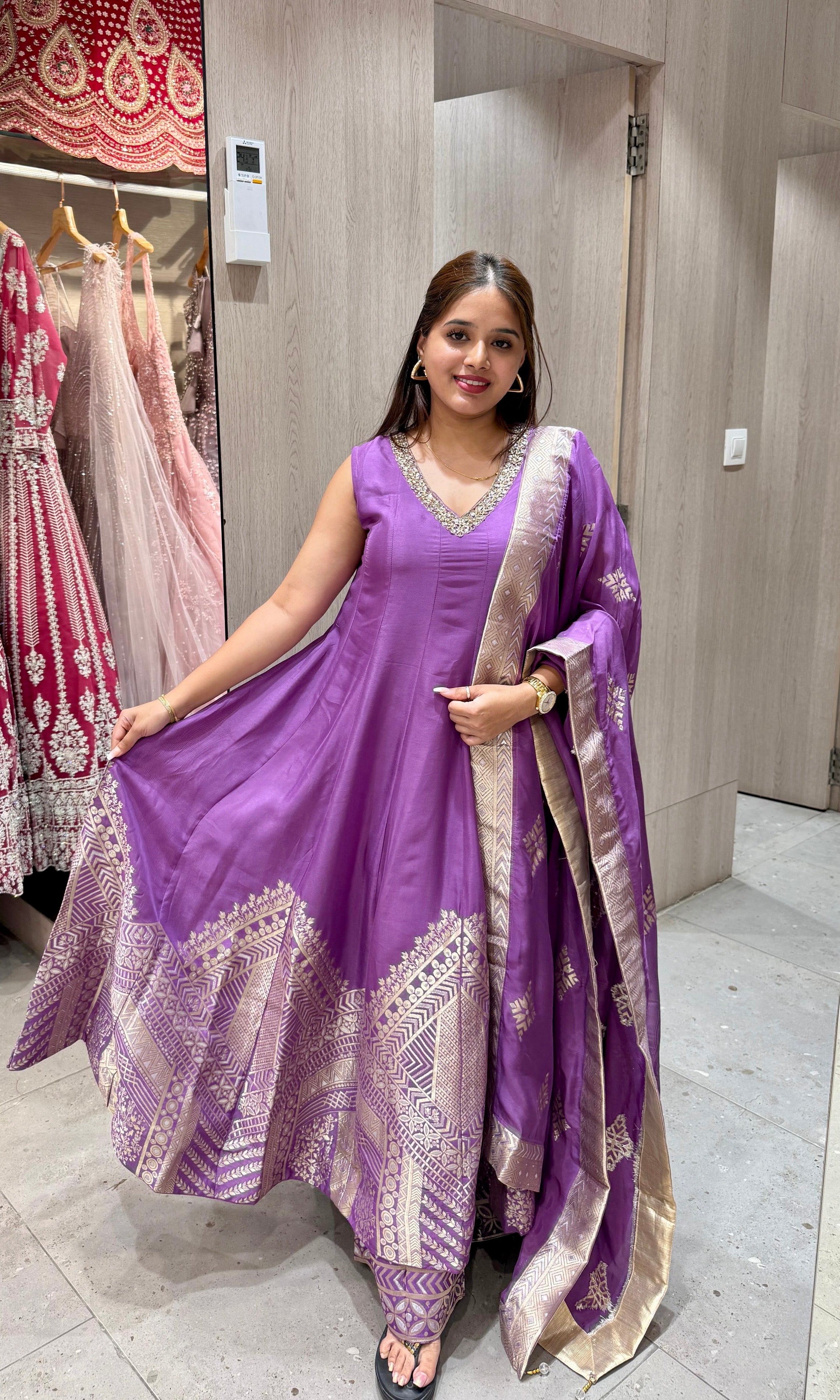 Purple Banarasi Anarkali with palazzo