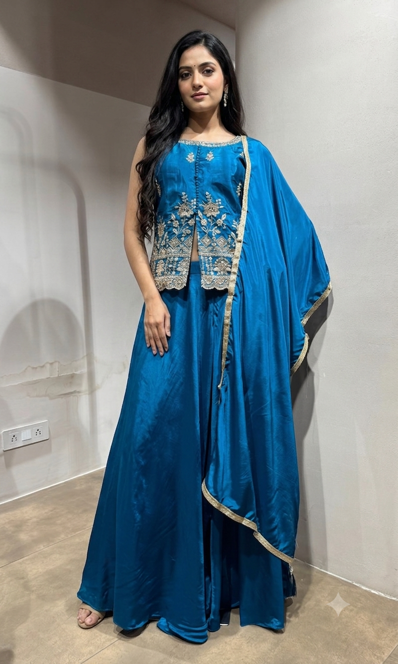 Blue Embroidered Silk Peplum Palazzo Set