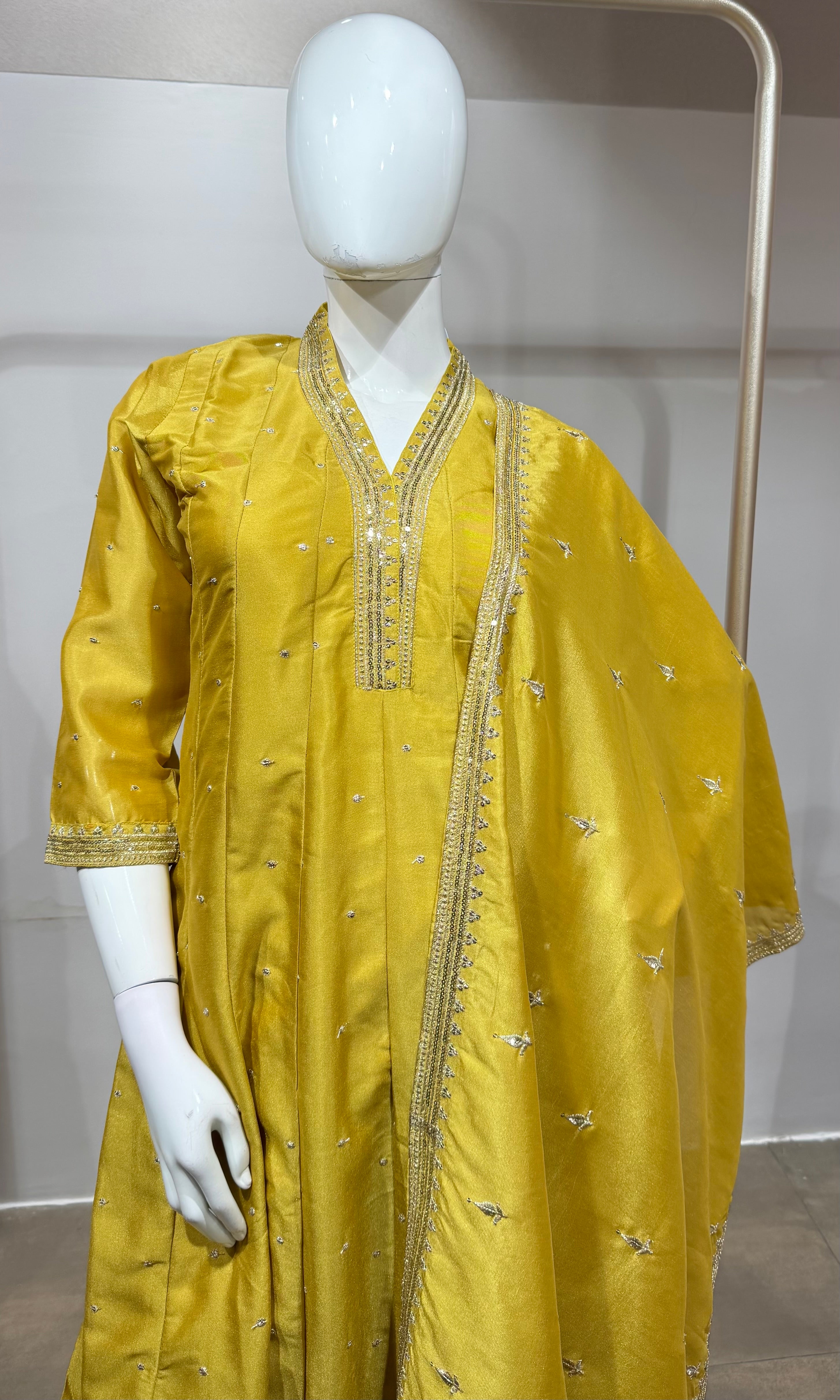 mustard yellow Silk Anarkali Set