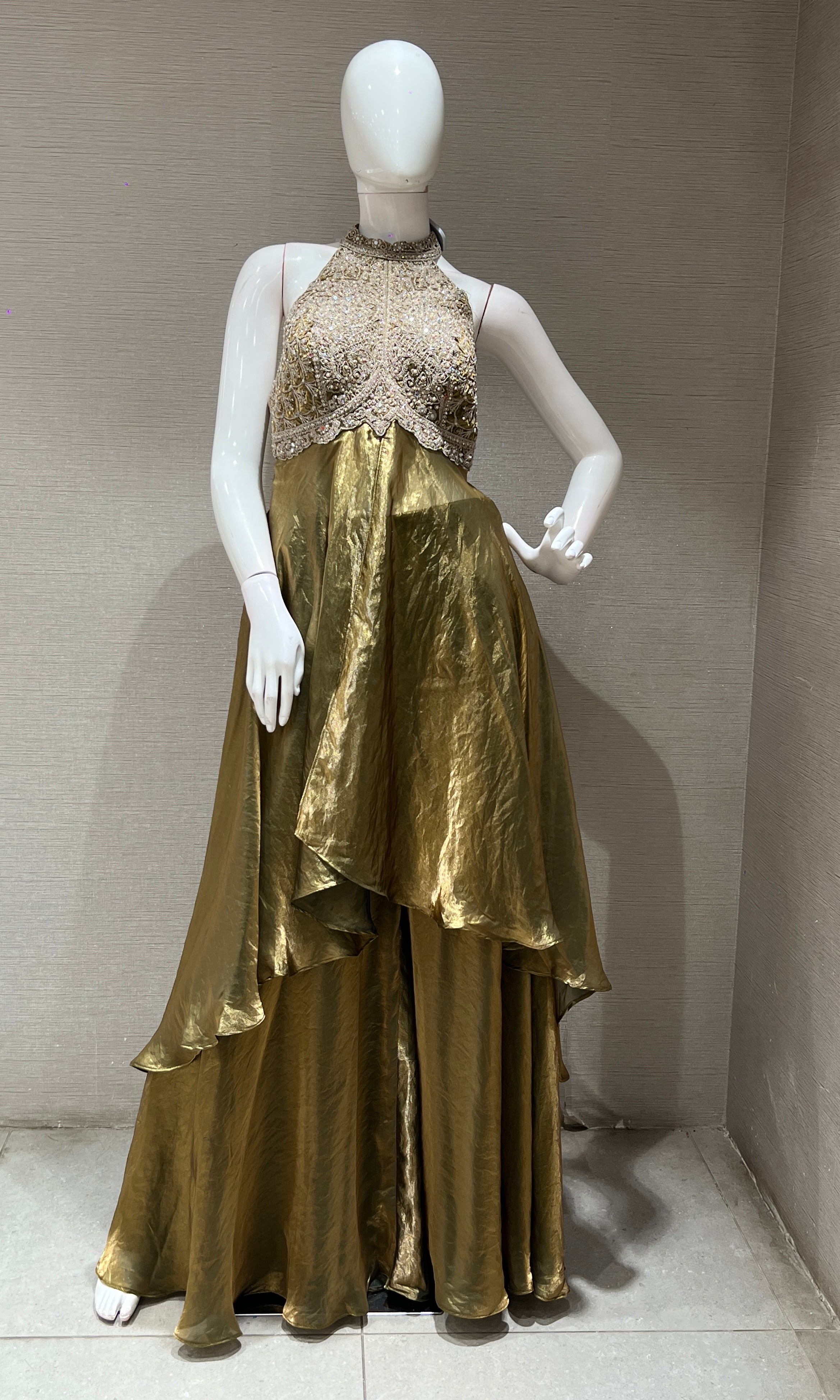 GREEN HALTER NECK ANARKALI WITH FLARED PANTS