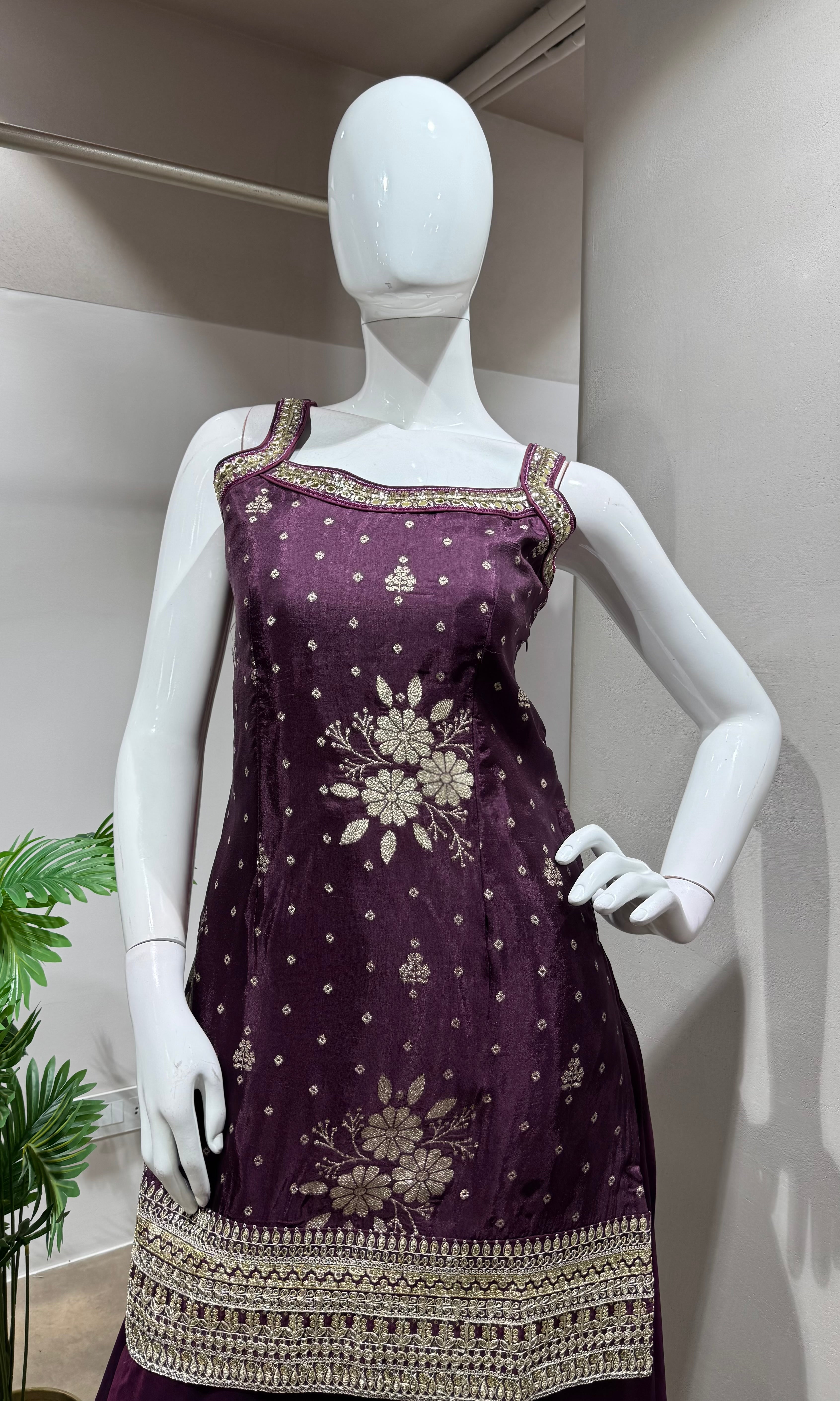 Wine Embroidered Georgette Sharara Set