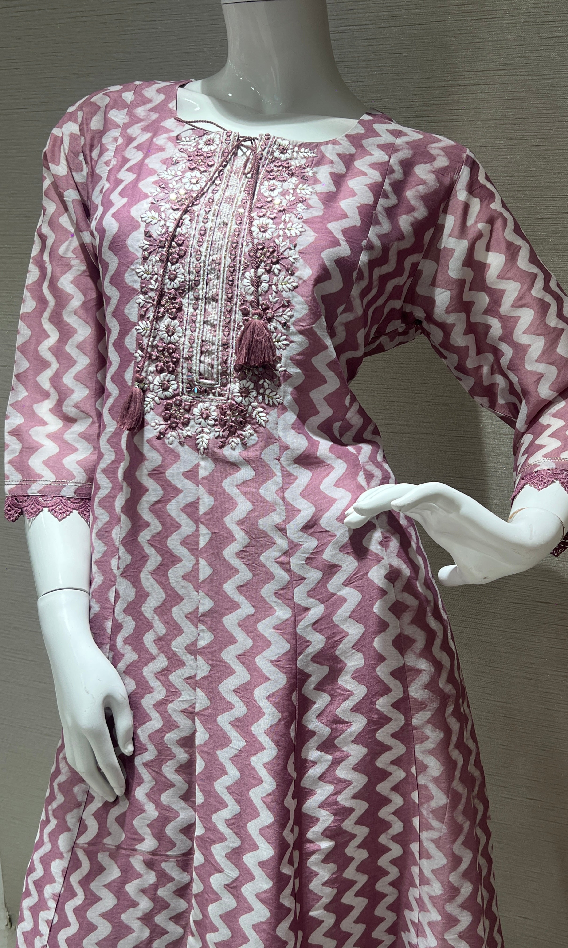 Elegant Pink and White Chevron Printed kurta with Embellished Neckline