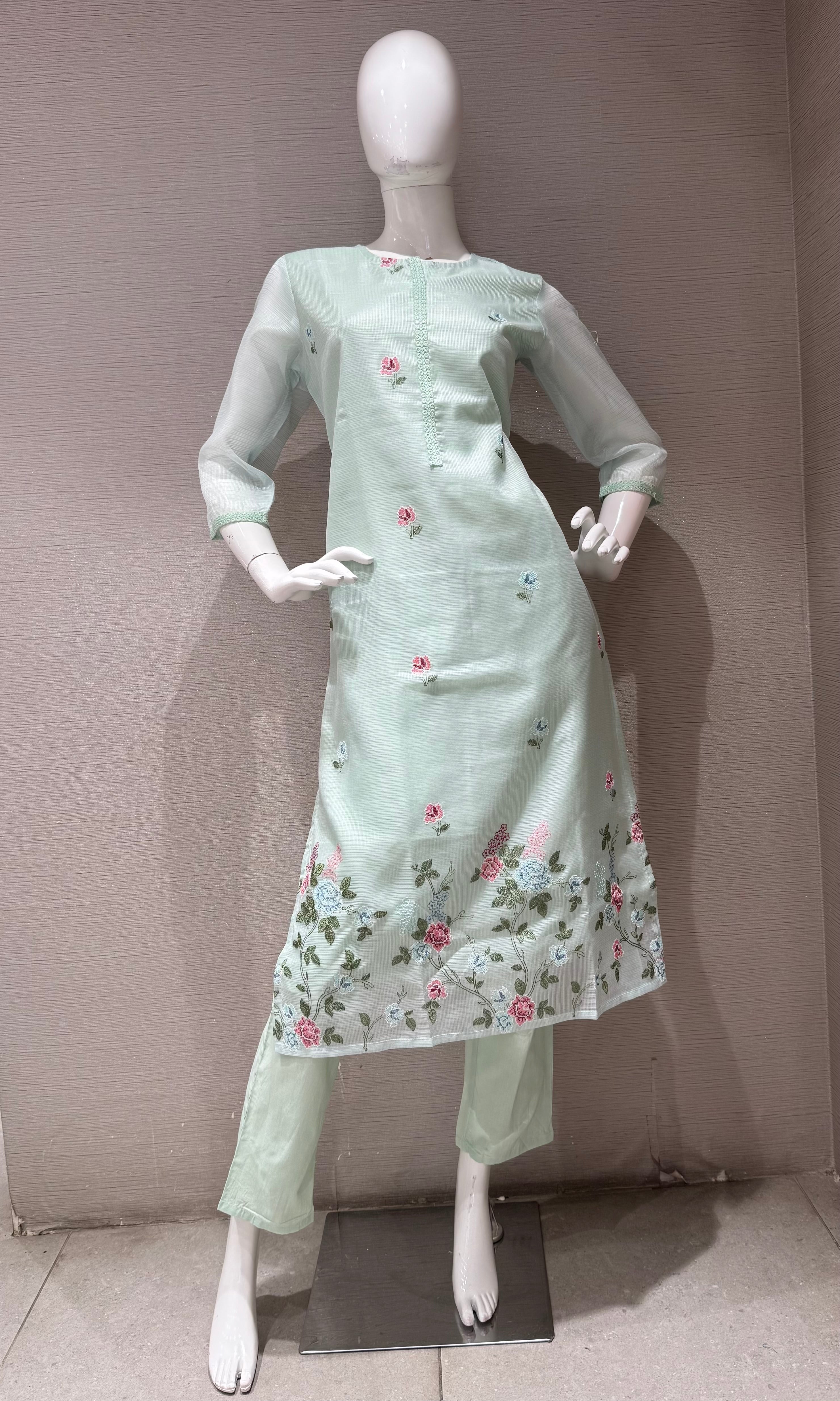 Mint Green Floral Kurta Set with Sheer Dupatta