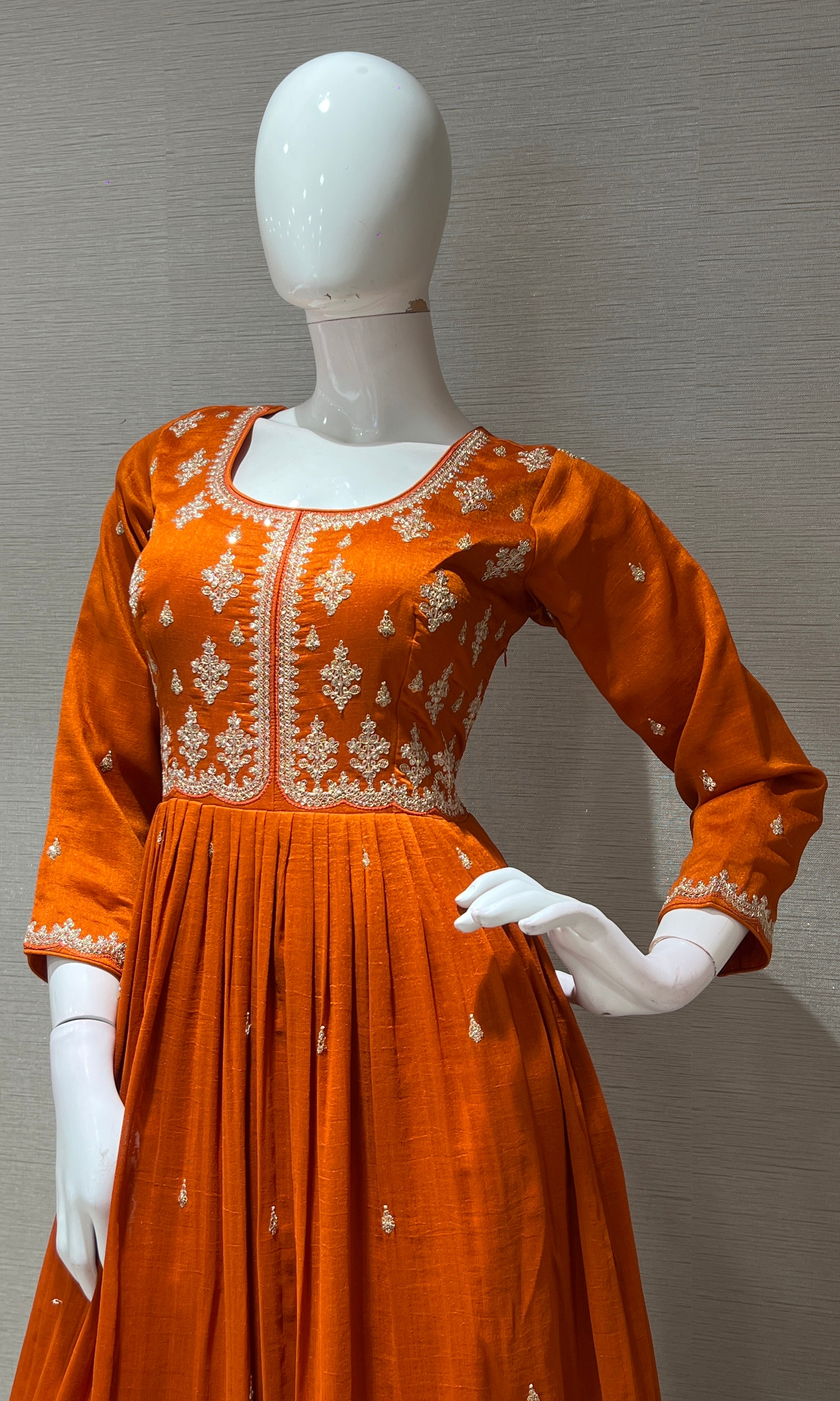 Rust EMBROIDERED LONG ANARKALI DRESS